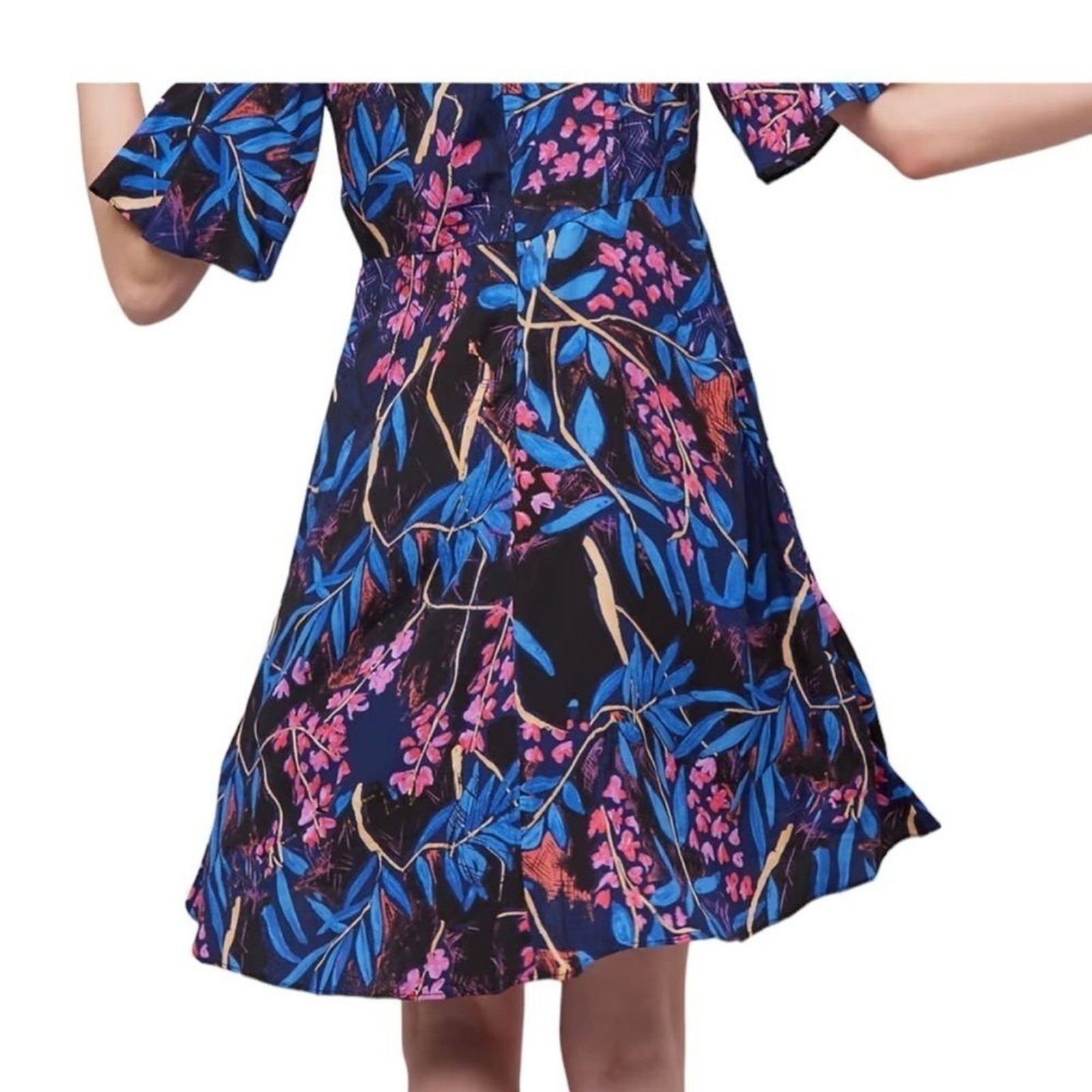ANTHRO MAEVE ELIA NAVY MARINE MULTI COLD SHOULDER SHORT SLEEVE FLORAL DRESS 6