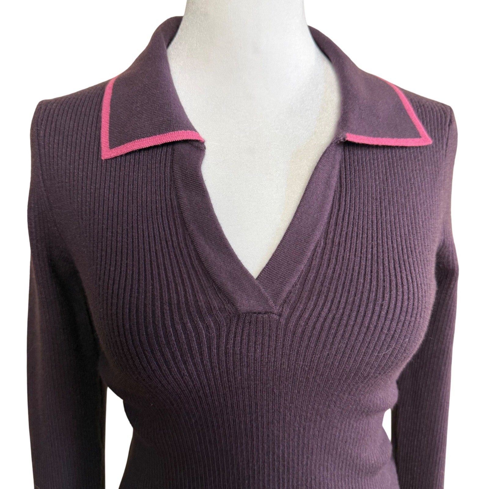 Marine Layer Ribbed Knit Polo Midi Dress Women’s Small Purple Bamboo Trim Slit