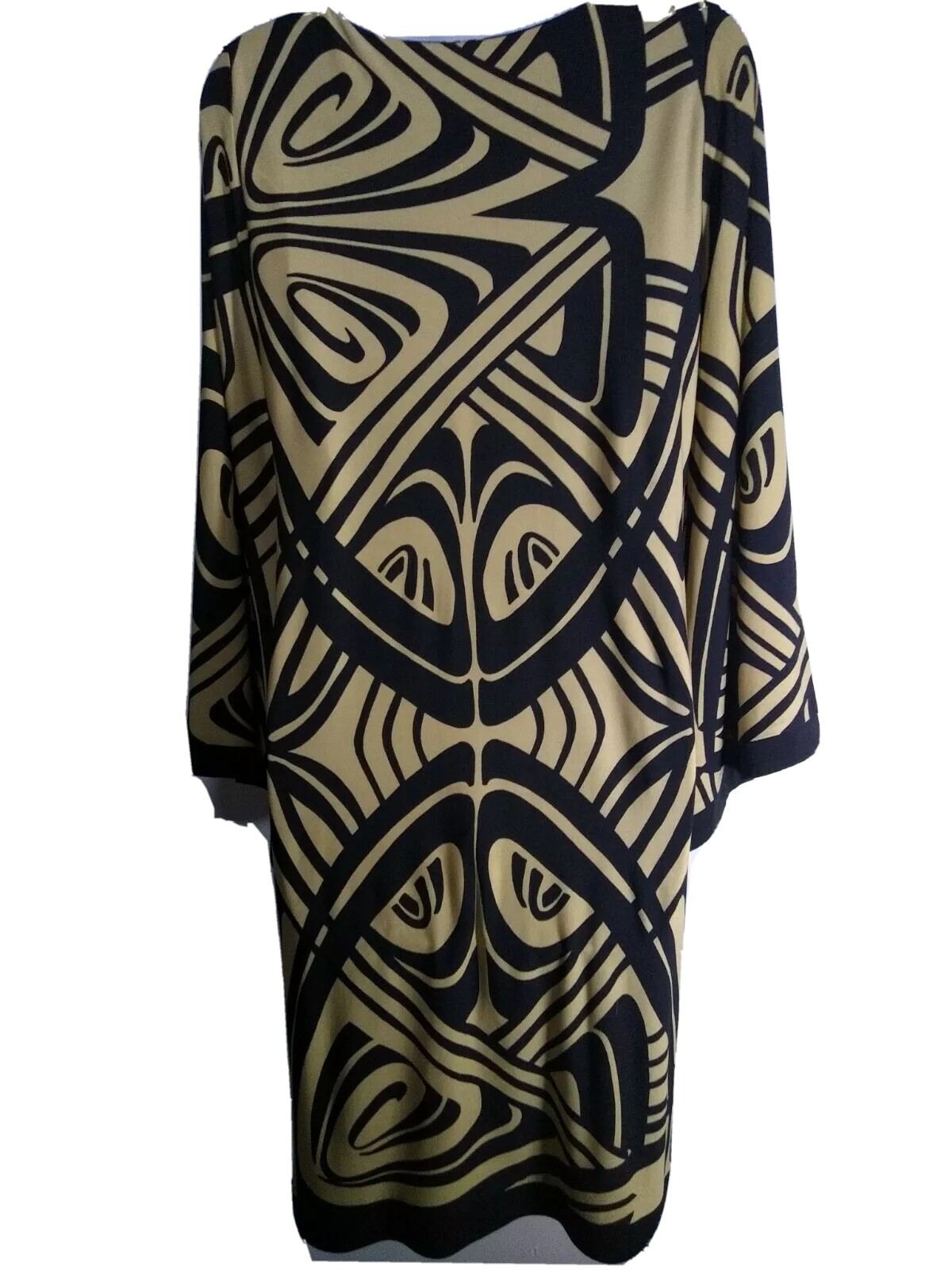 Emma & Michele Brown Black Print Dress Stretch A line Angel Retro Small