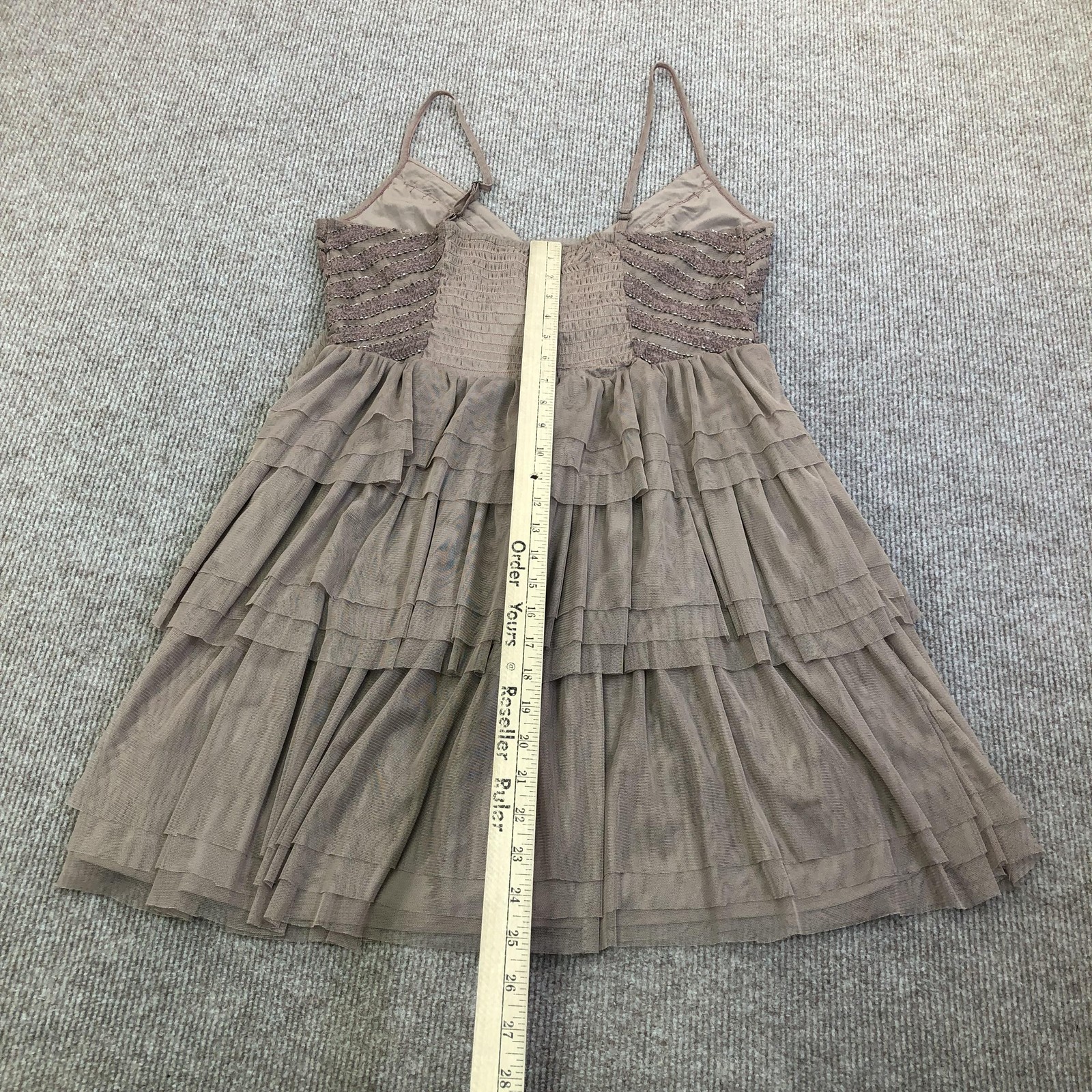 Lucky Brand Dress Womens Small Brown Beaded Smocked Tiered Mesh Party Mini