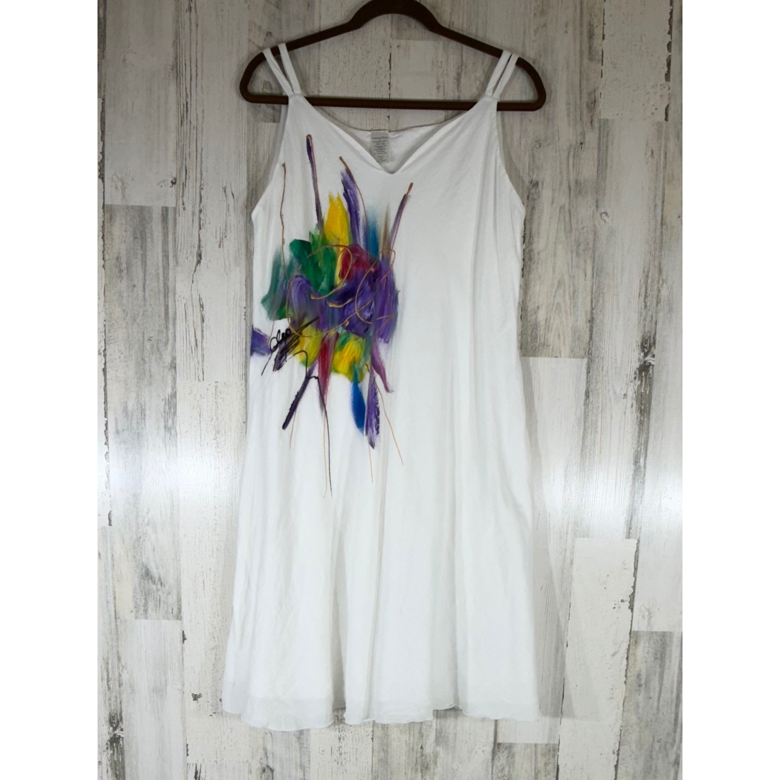 Cotton Gauzy Sundress Size Large White Hand Painted Abstract Art Jamaica Lined