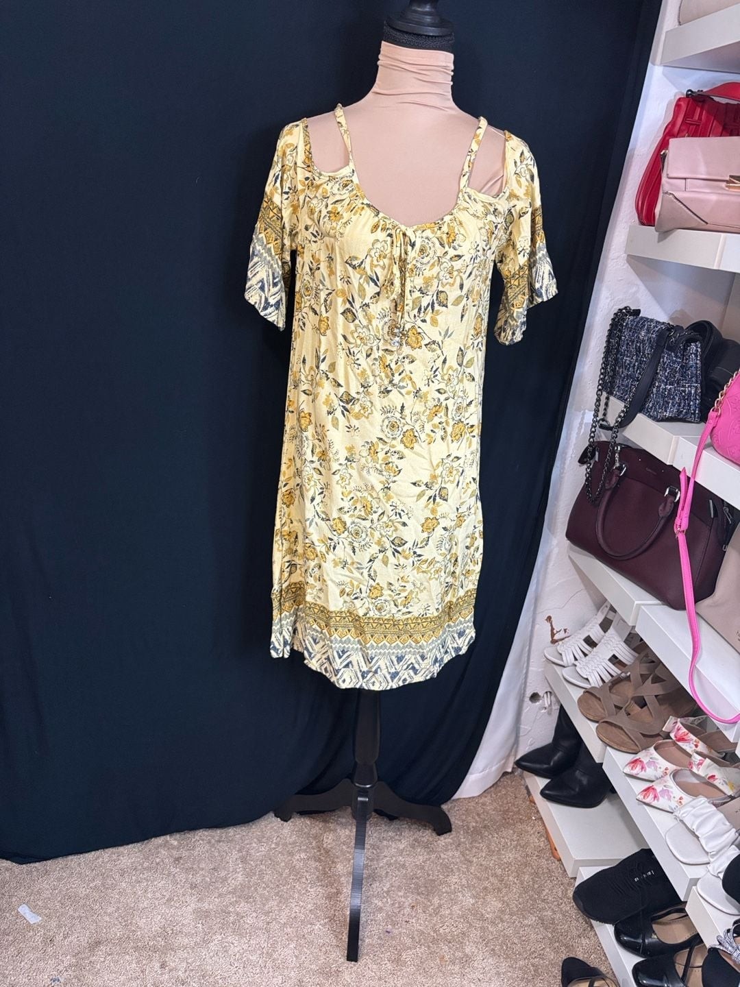 Mlle Gabrielle Yellow Floral Print Cold-Shoulder Boho Dress