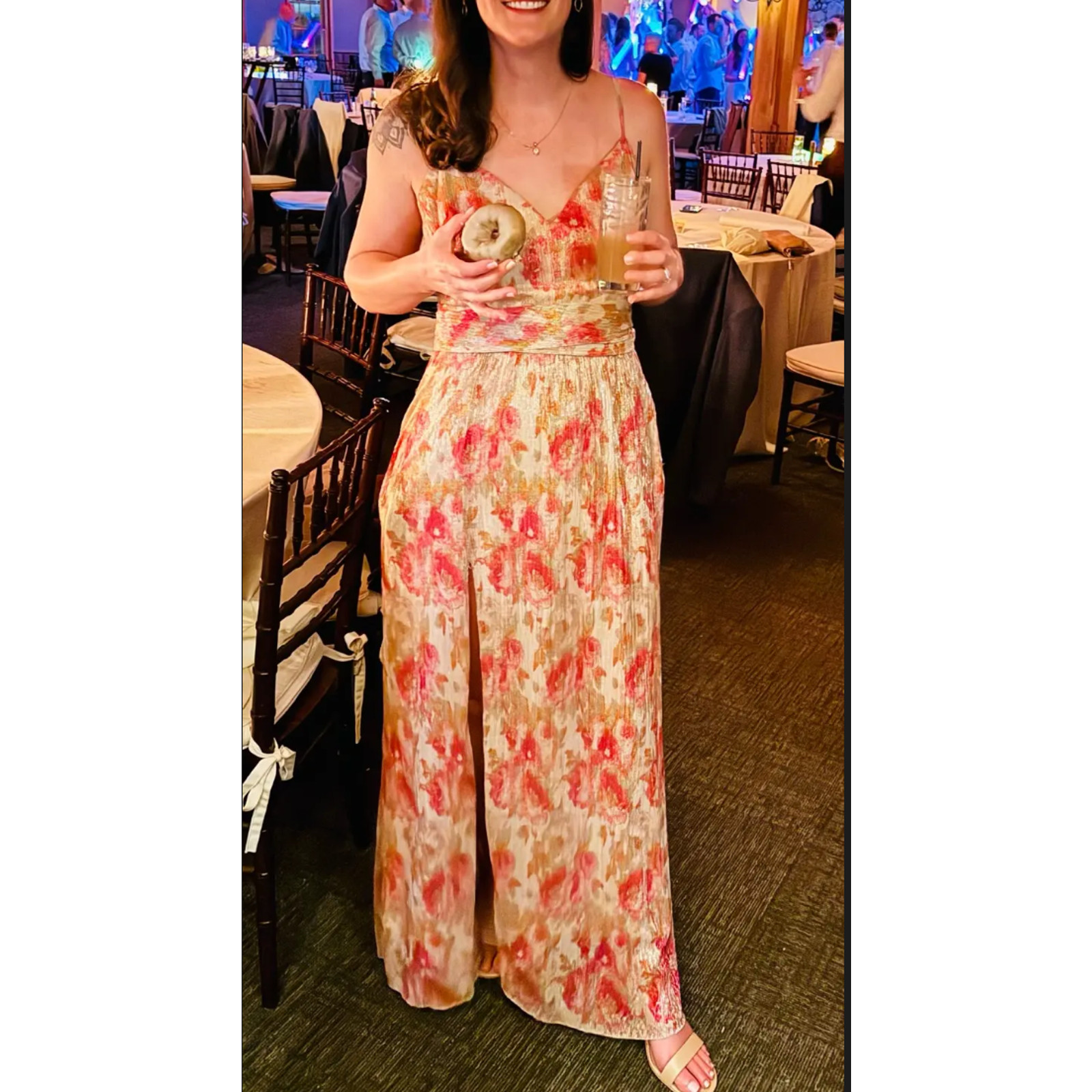 Dress the Population Floral Pleated Maxi Dress XS Metallic Plisse Slip Gown $268
