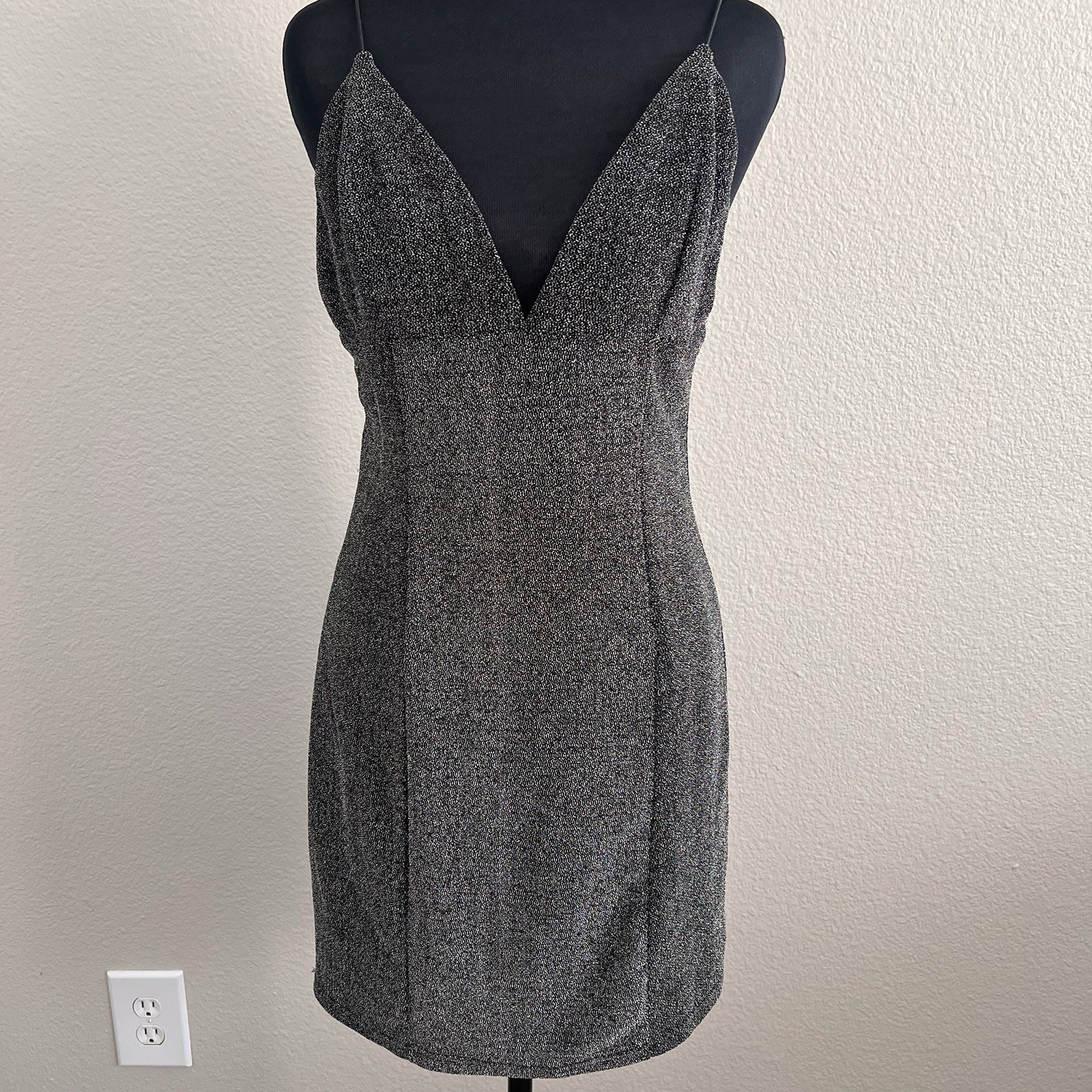 Women’s Large Mini Dress Black Silver Glitter Club Wear Bodycon Glam