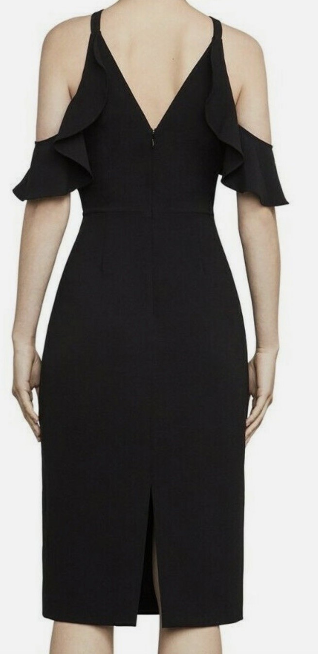 NWT BCBG MAXAZRIA SIZE 4 ELISE OFF SHOULDER HALTER NECK RUFFLE SHEATH DRESS $298
