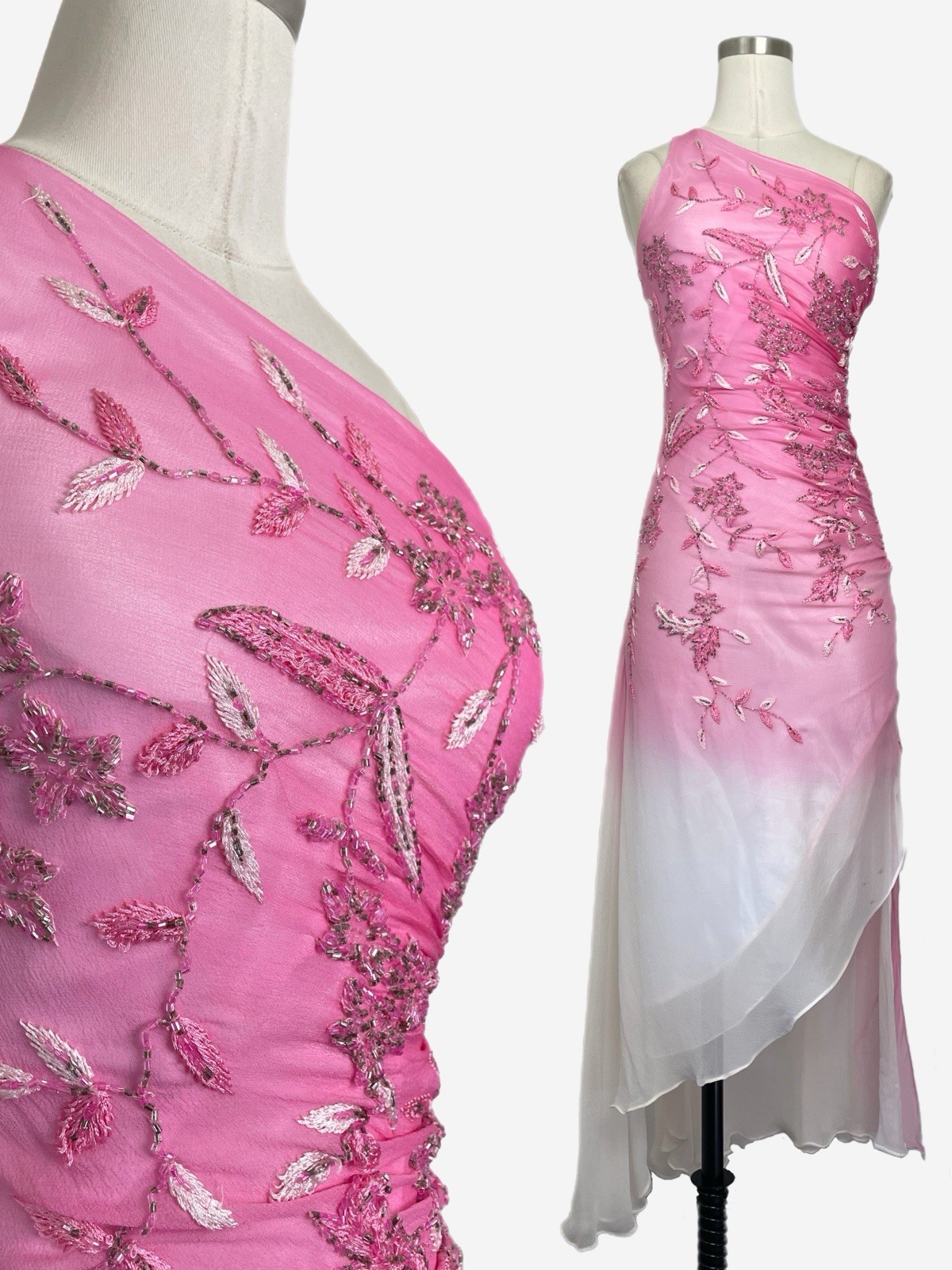 Vintage Y2K Cache Pink white silk ombre floral beaded asymmetric dress fairy XS