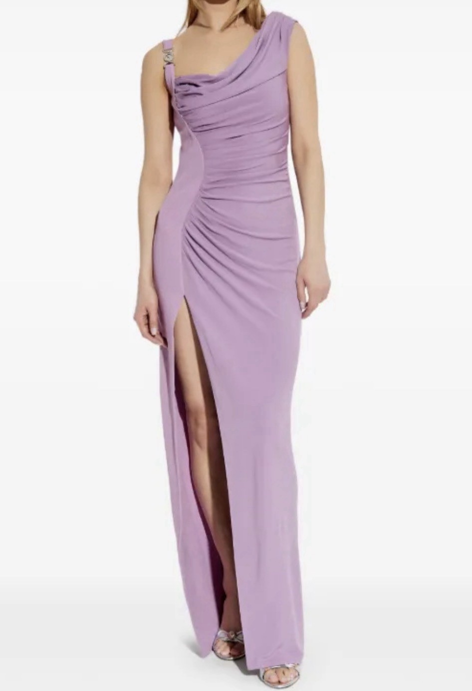 Versace ‘95 Medusa Hardware Draped Silk Slit Gown Lilac Dusty Lavender Sz 40
