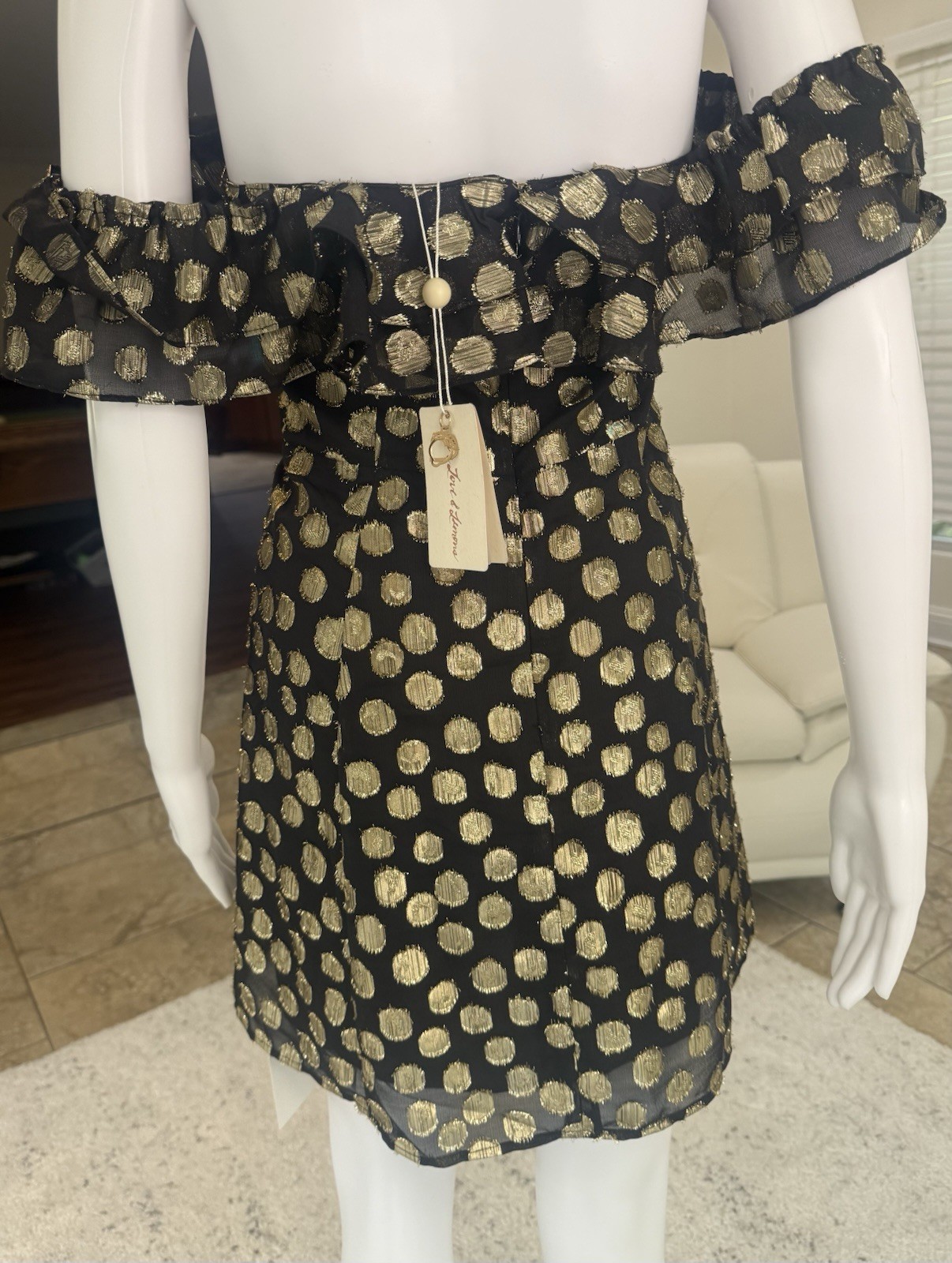 For Love & Lemons Lottie Ruffle Off the Shoulder Mini Dress in Gold Dot Size S