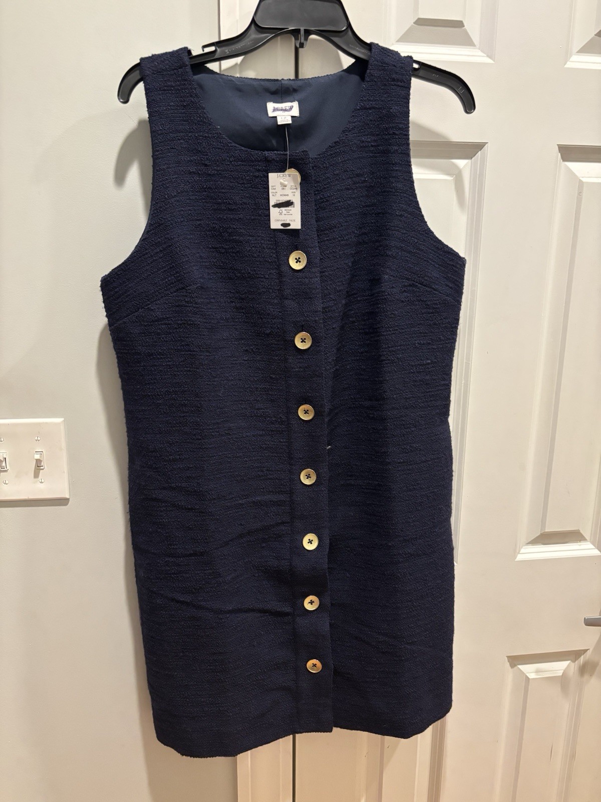 J.Crew Sleeveless Button-Down Boucle Shift Dress Navy Size 12 Womens Classic NWT