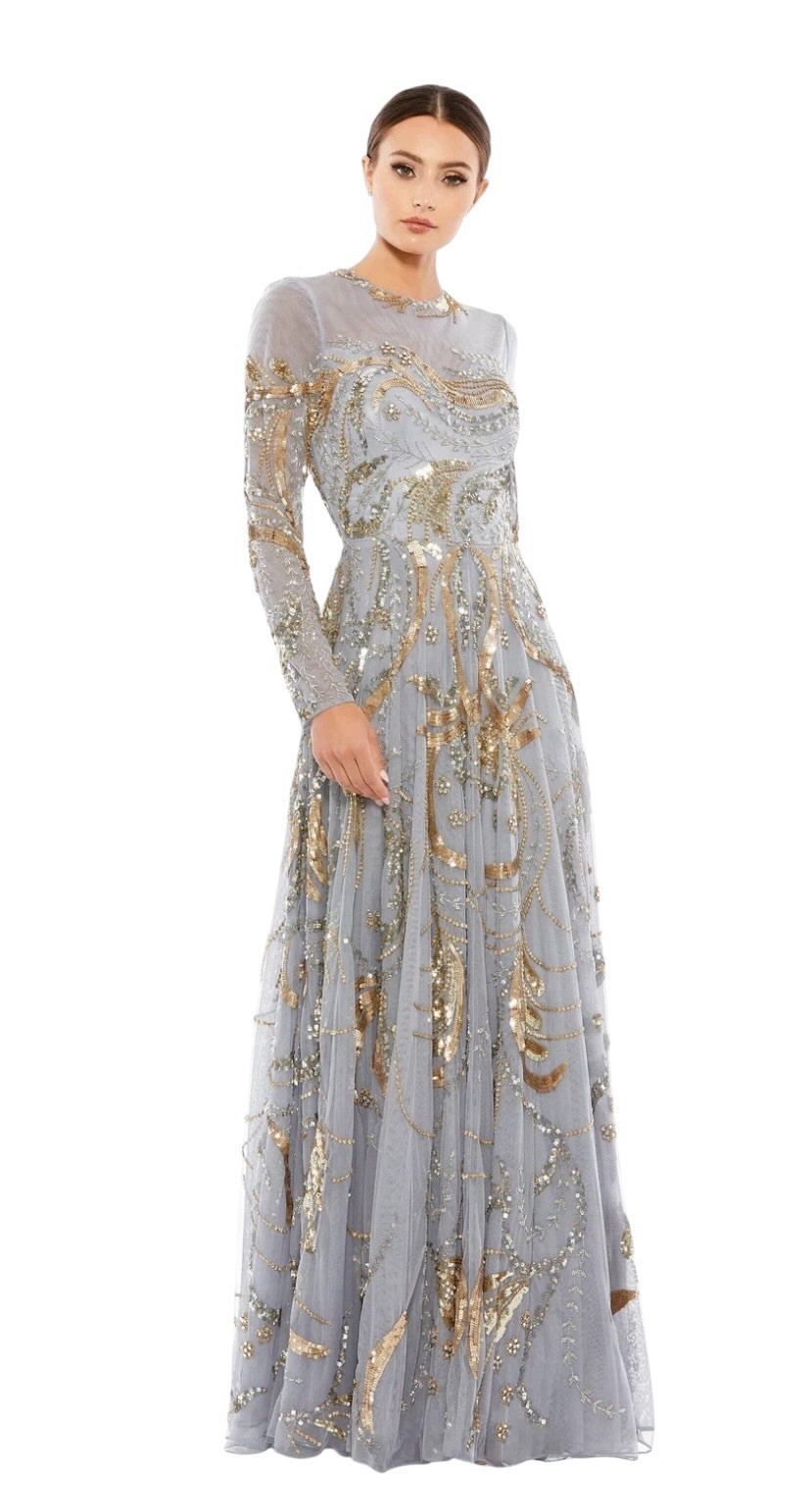 Mac Duggal 5217 Platinum Gold Beaded Long Sleeve Gown Size 6 $798