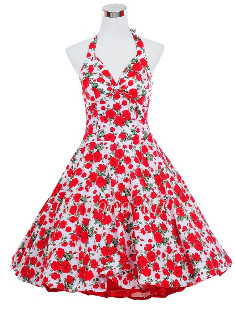 Vintage 50s 60s 70s Swing Retro Rockabilly Dress Cotton Floral Ball Party Dress