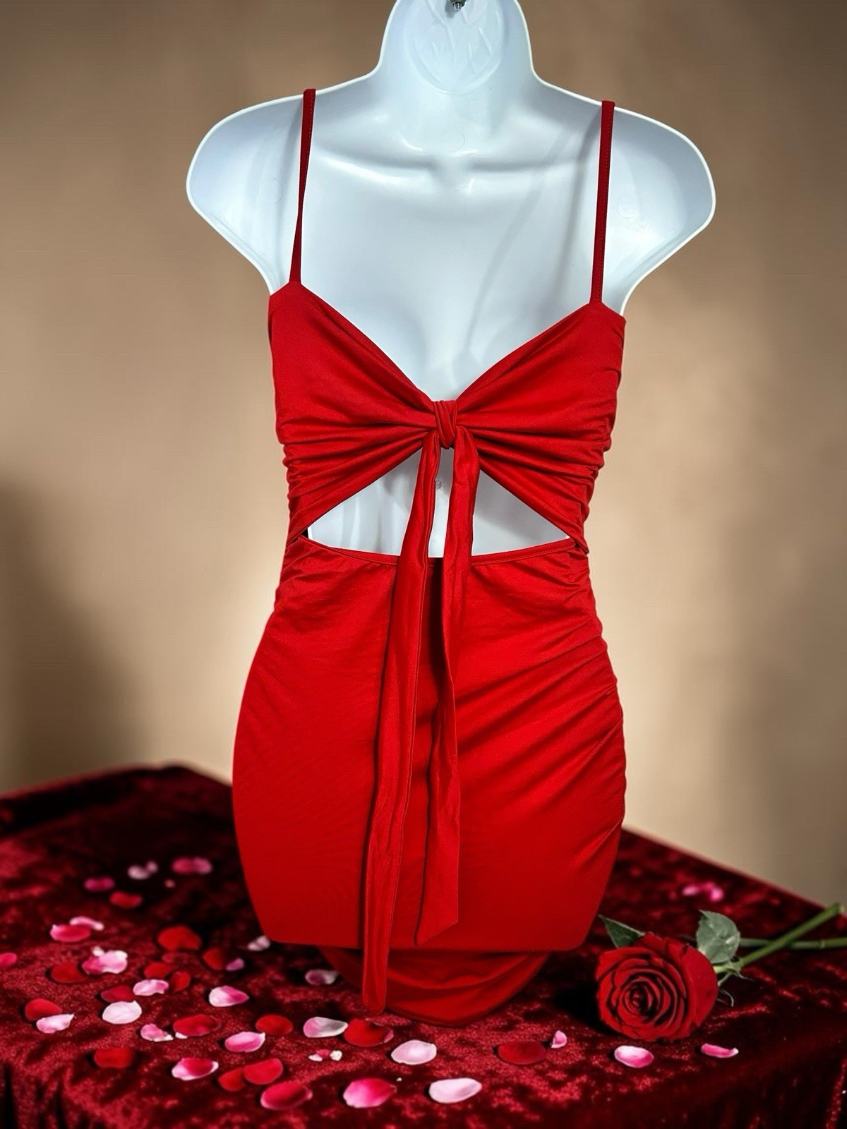 Red Ruched Mini Dress Sz Small Sleeveless Stretch Fitted Party Semi Open Back