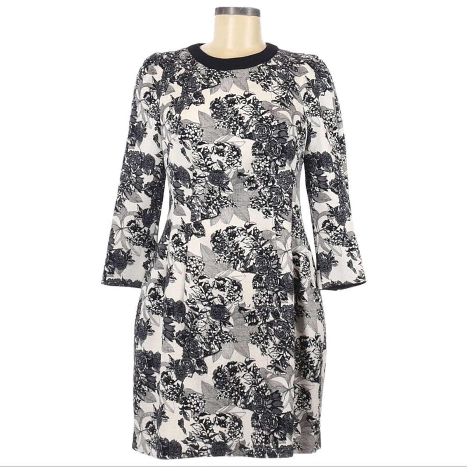 McGinn Floral Jacquard Sheath Dress 6 Black White 3/4 Sleeve Career Cocktail