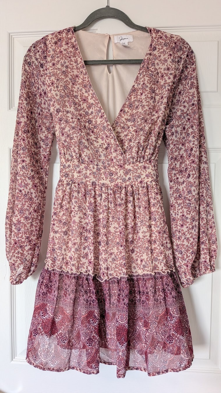 Japna Floral Chiffon Deep V-Neck Tiered Mini Dress Boho Tie Waist Lined Purple M