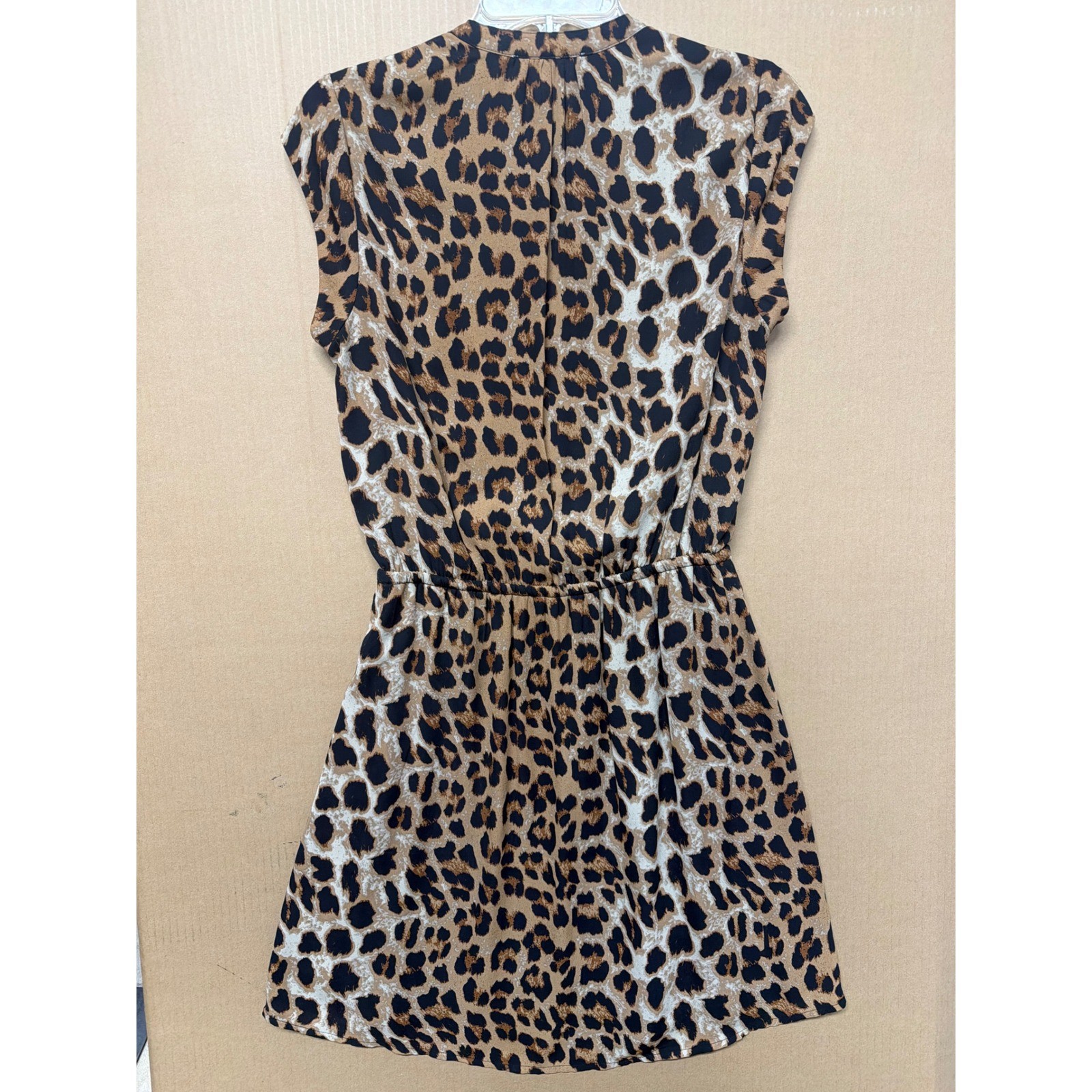 DR2 Leopard Print Cap Sleeve Mini Dress Tan Brown Black Small Split Neck