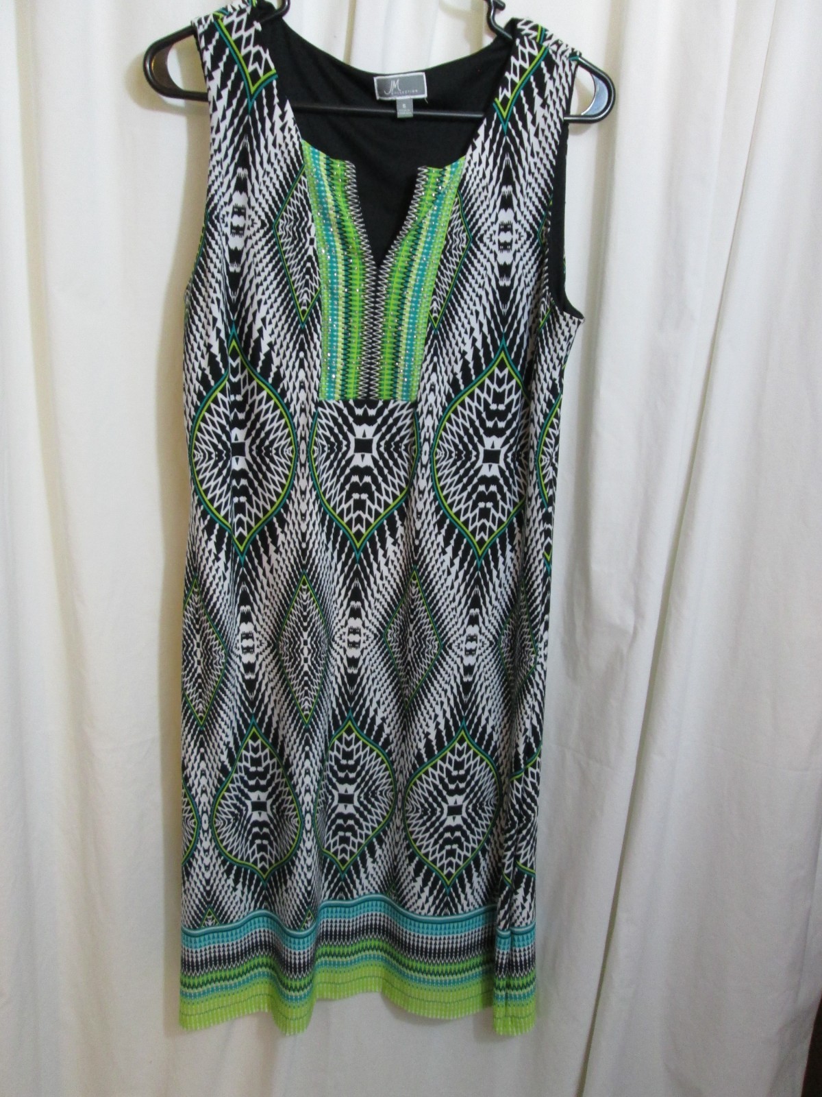 JM Womens Shift Dress Blk White Green Turq Silver Studs Poly Sleeveless Sz Small