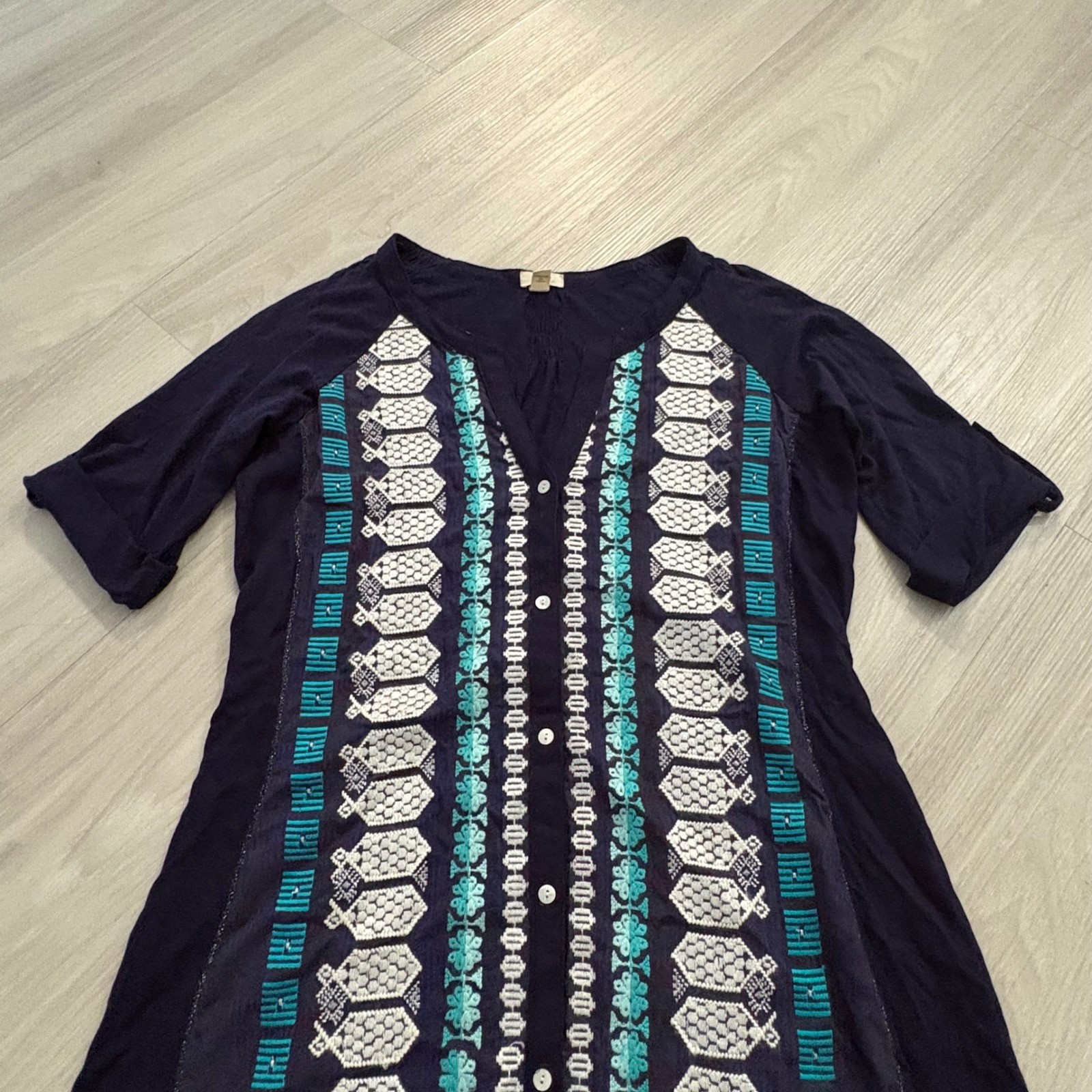 TINY Dress Women Anthropologie Navy Blue Embroidered Boho Shift Short Sleeve L