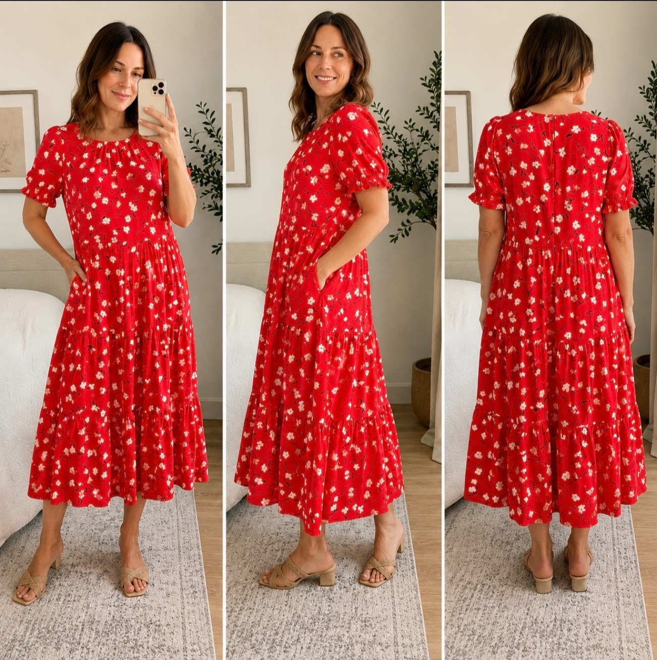 J.Crew Re-Imagined Red Floral Tiered Midi Dress XL Puff Sleeve 100% Viscose