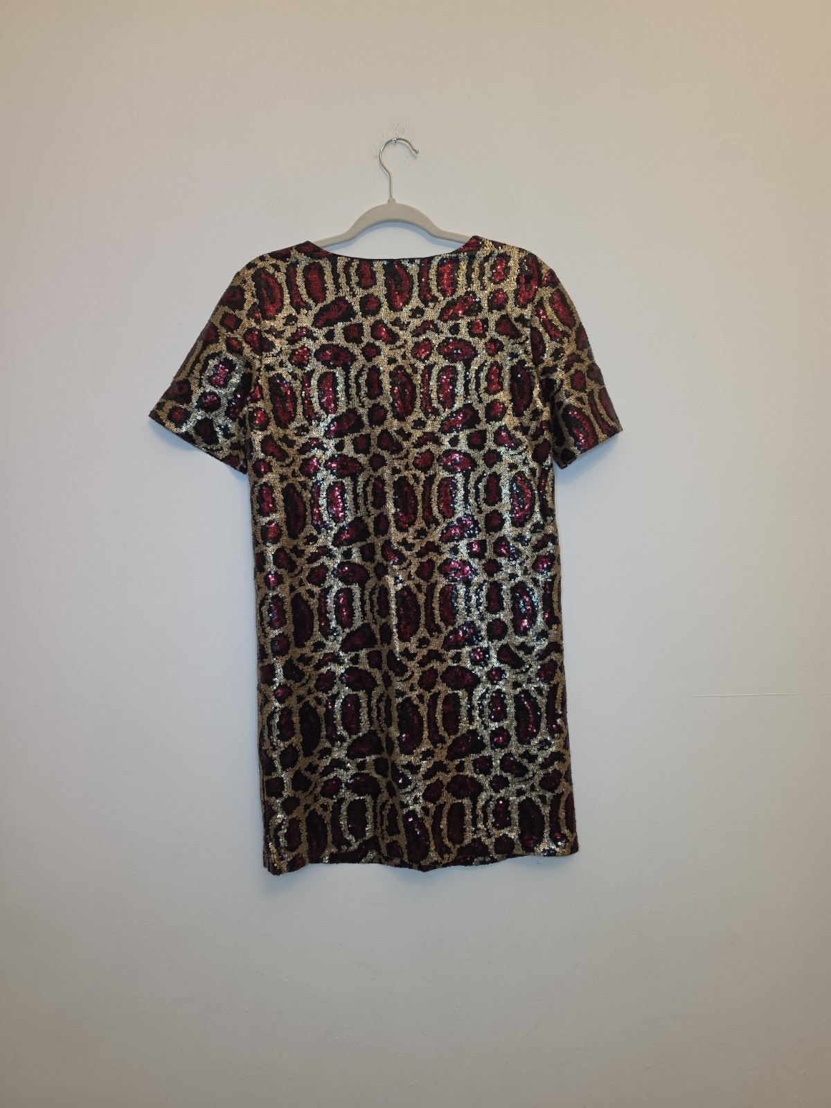 Ivivi Gold Red Black Sequin Leopard Print Shift Dress Size Small Party Christmas