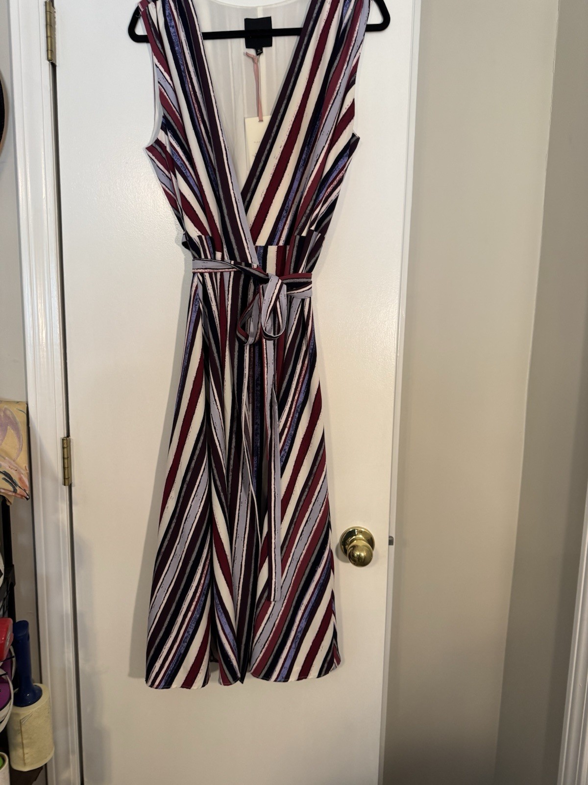 Alex Marie Striped V-Neck Sleeveless A-Line Midi Belted 10 wrap dress