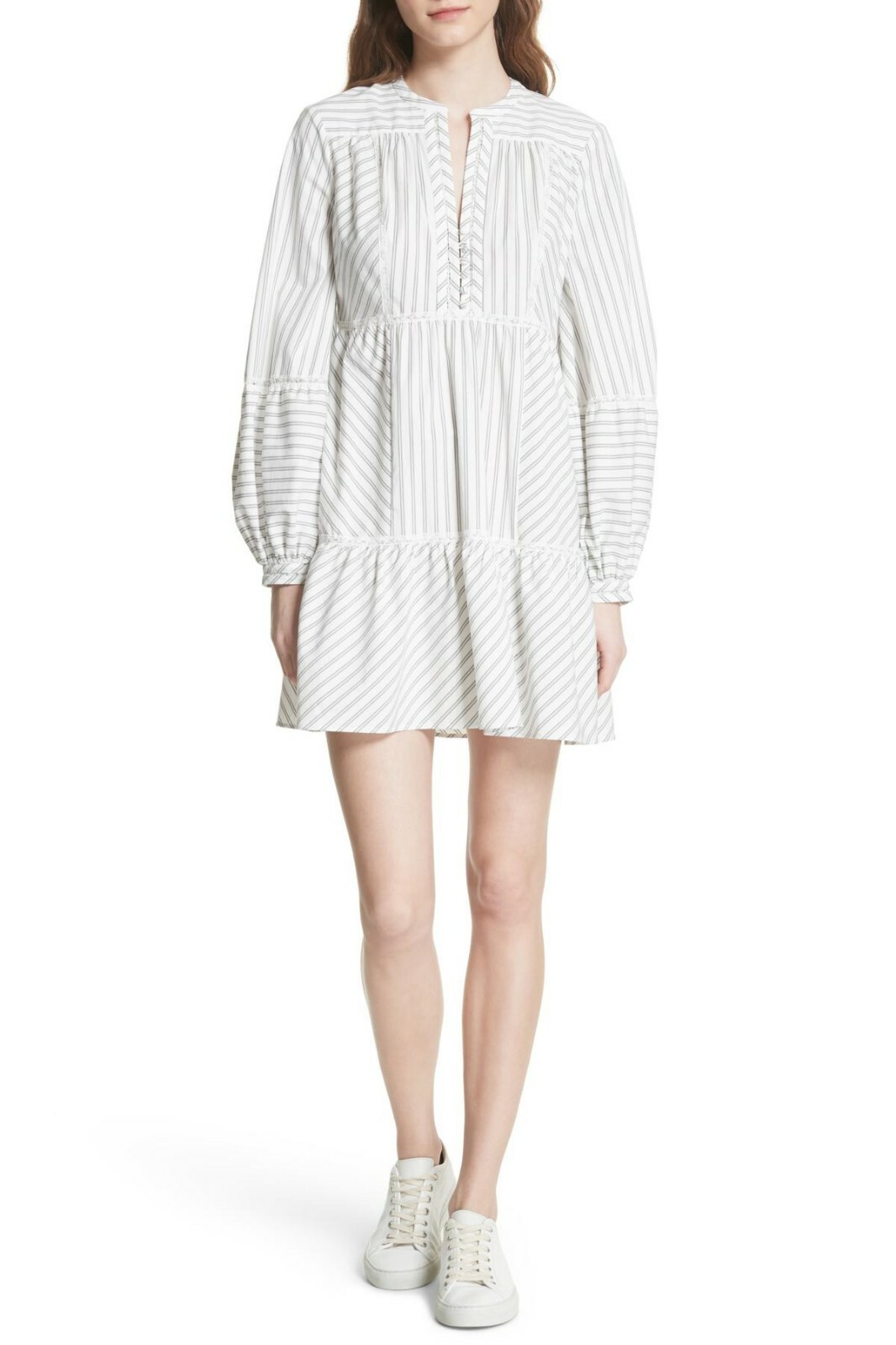 JOIE Porcelain White Stripe Lace Marison A-Line Ruffle Poplin Cotton Dress 8 = M