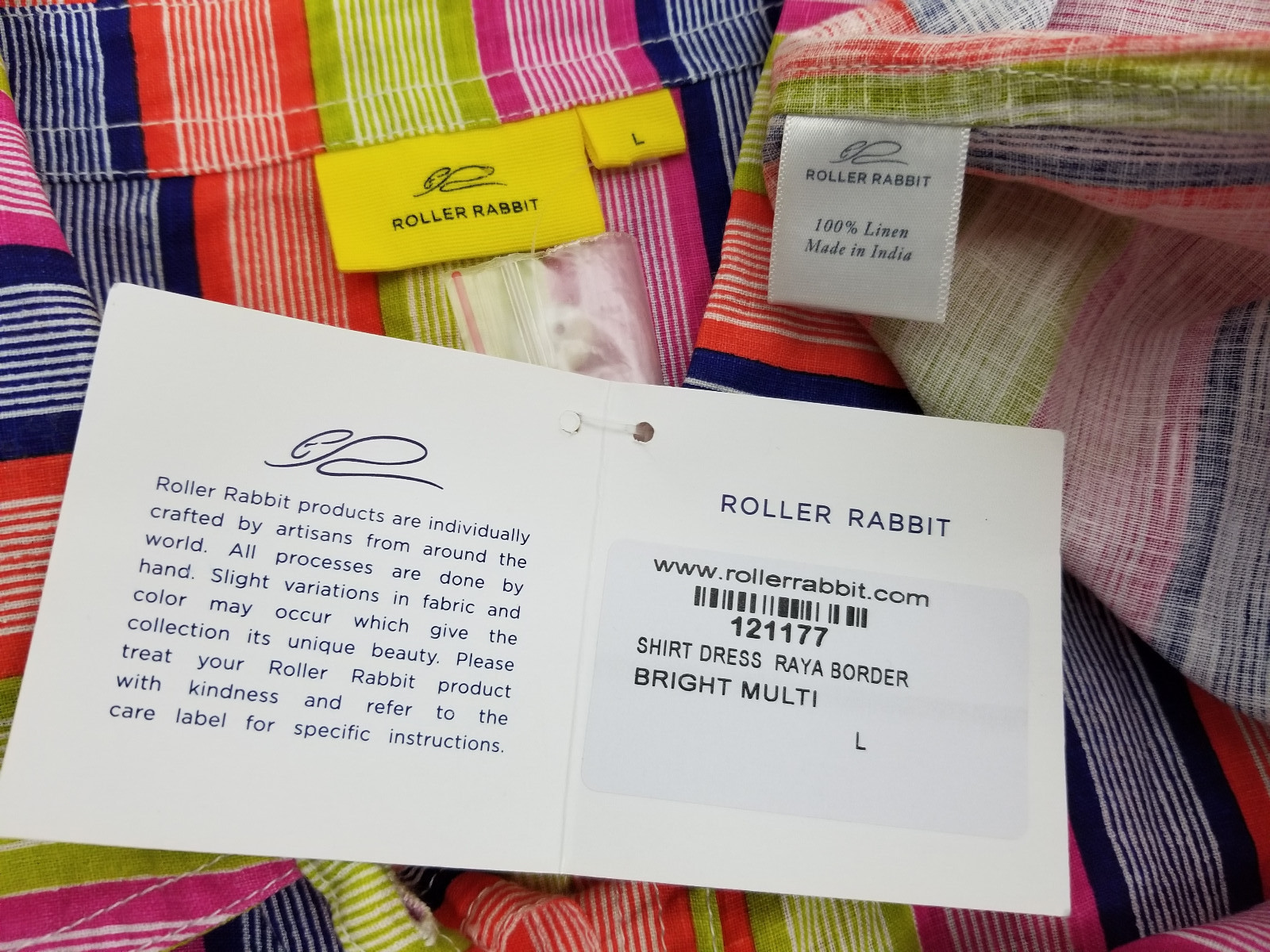 ROBERTA ROLLER RABBIT Womens Shirt Dress Sz LARGE Stripe RAYA Border Linen Beach