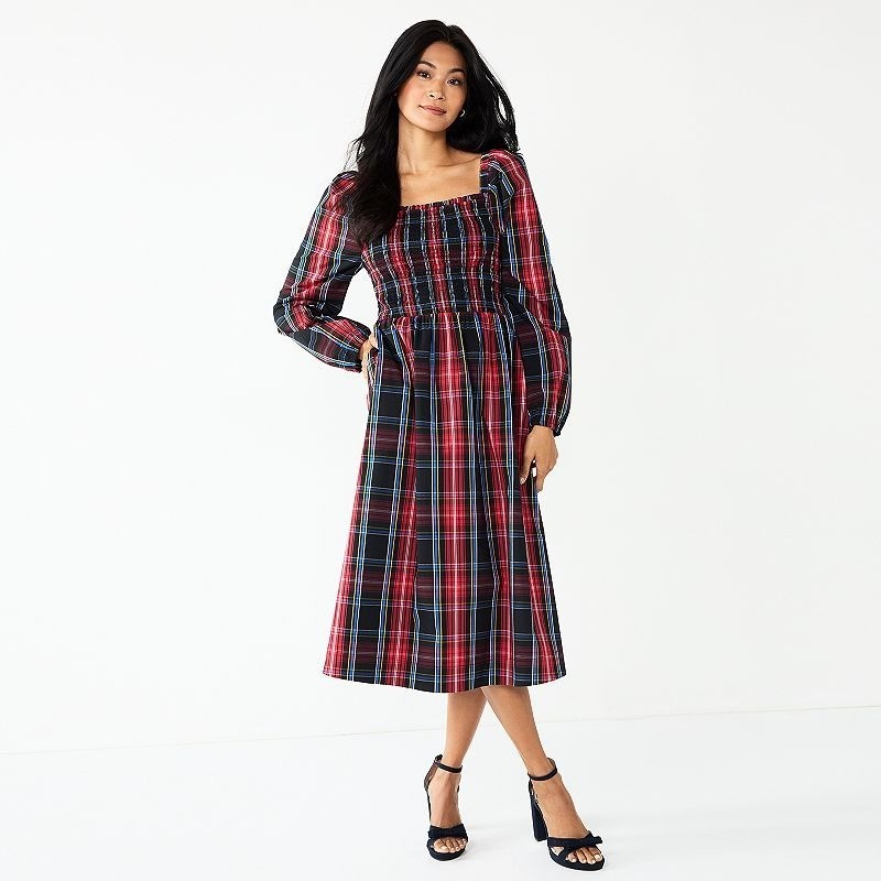 Draper James RSVP Red Tartan Plaid Smocked Bodice Midi Dress Pockets Size XS