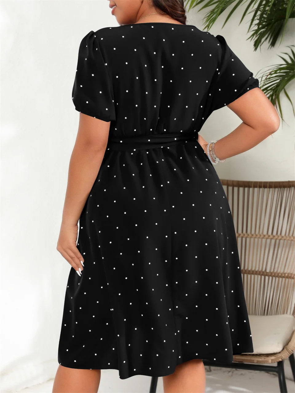 Plus Size Square Neck Polka Dot Belted Dress Women’s Elegant Retro.
