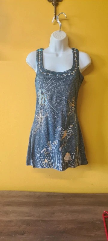 Womans size 10-12 whimsical Sun Fairy mini dress blue sparkly gold embroidery