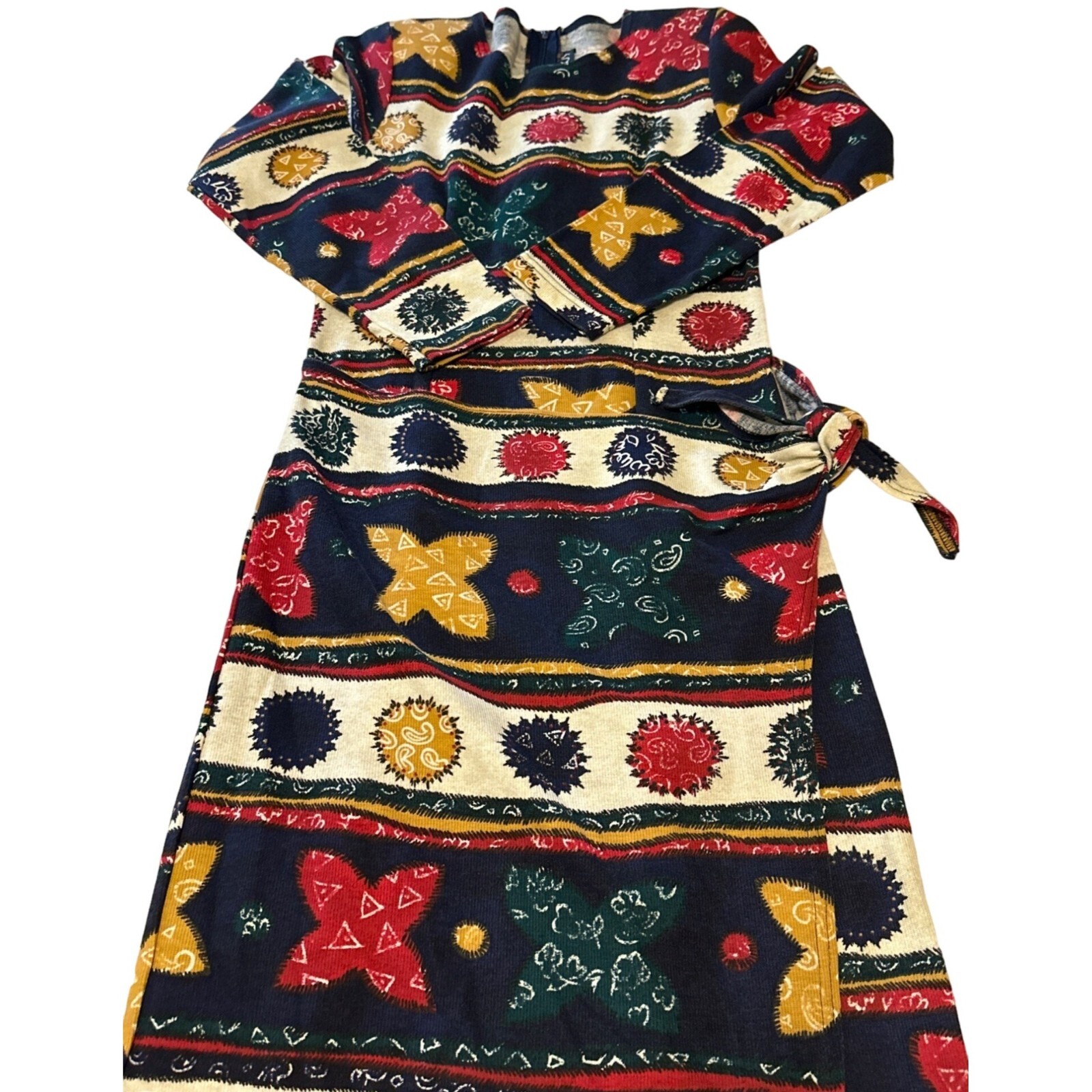 Margo’s VTG Midi Wrap Dress Holiday Pattern Polyester Cotton Blend Women Size S
