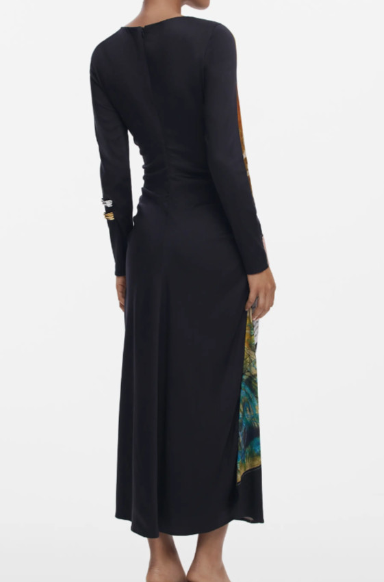 NEW, Desigual Mix Print Long Sleeve Midi Dress in Black Sz S #MD1697