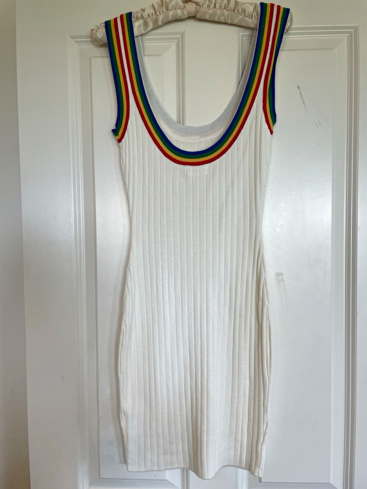 Super Down White Ribbed Knit Rainbow Stripe Trim Bodycon Mini Dress Women’s S