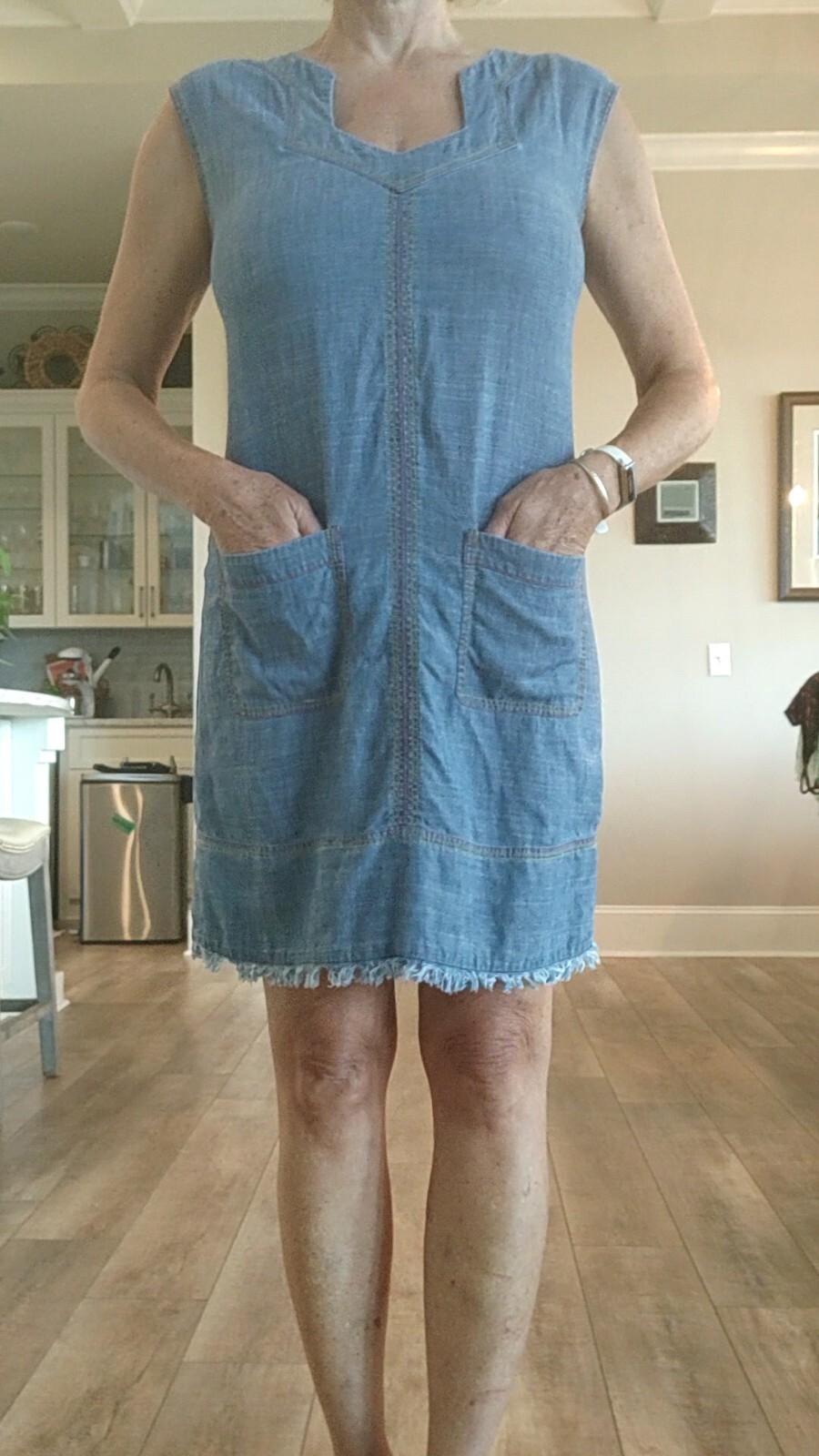 Trina Turk Blue Jean Dress Size Medium w/ Front Pockets and Multicolor Stitching