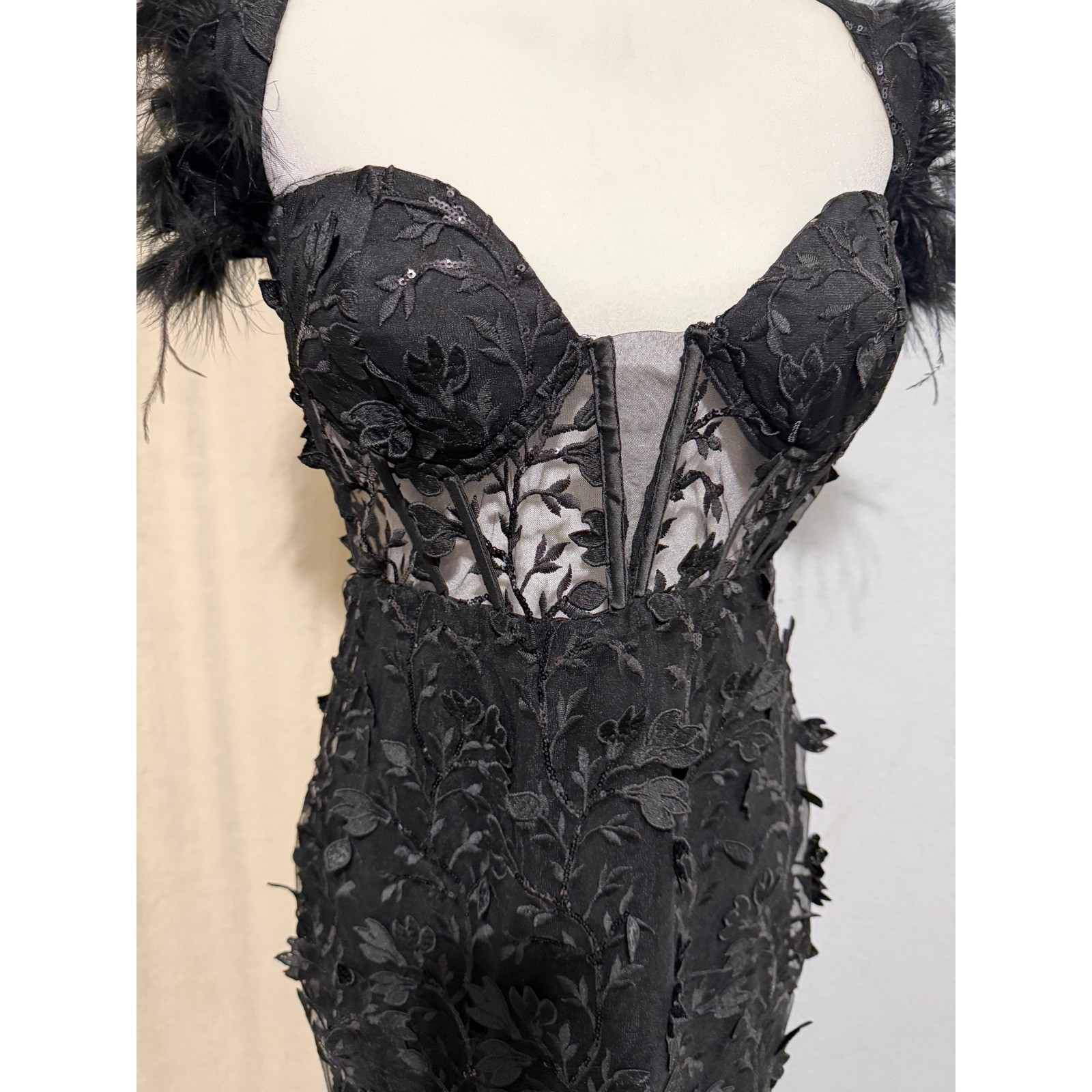 Goth Corset Mini Dress XL Black Sequin Embroidered Feather Off-the-Shoulder Glam