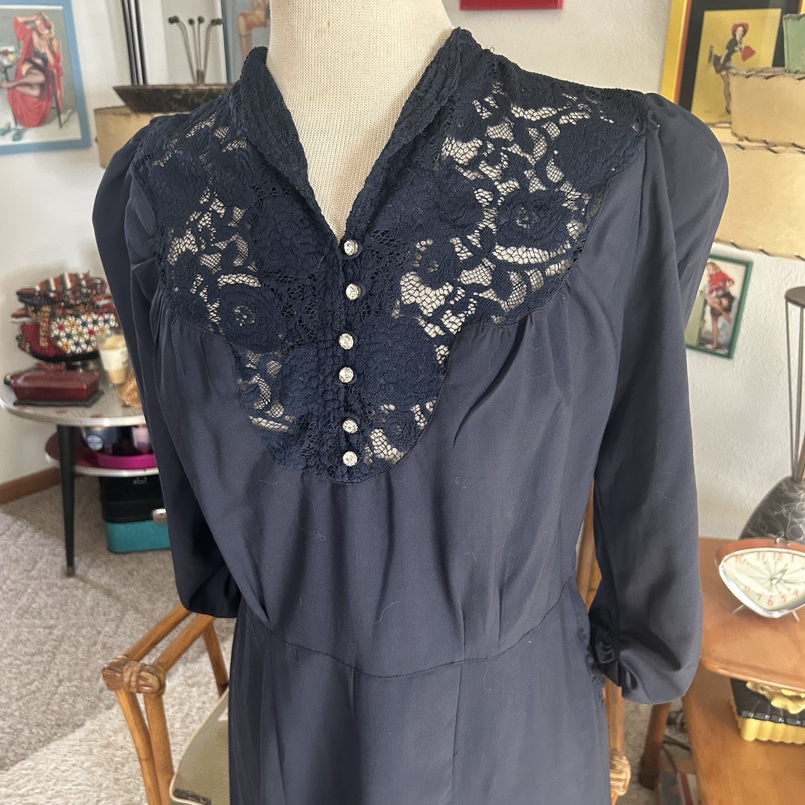 Retro Dress | 1940s Style | Navy Blue | Lace | M L | 40s