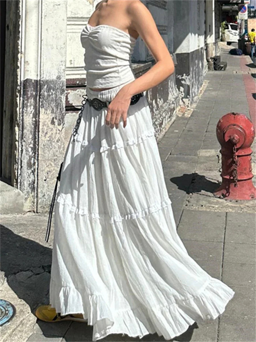 Fairycore Elegant White Smooth Hoop Dress Women’s Elastic Waist Lotus Leaf Edge