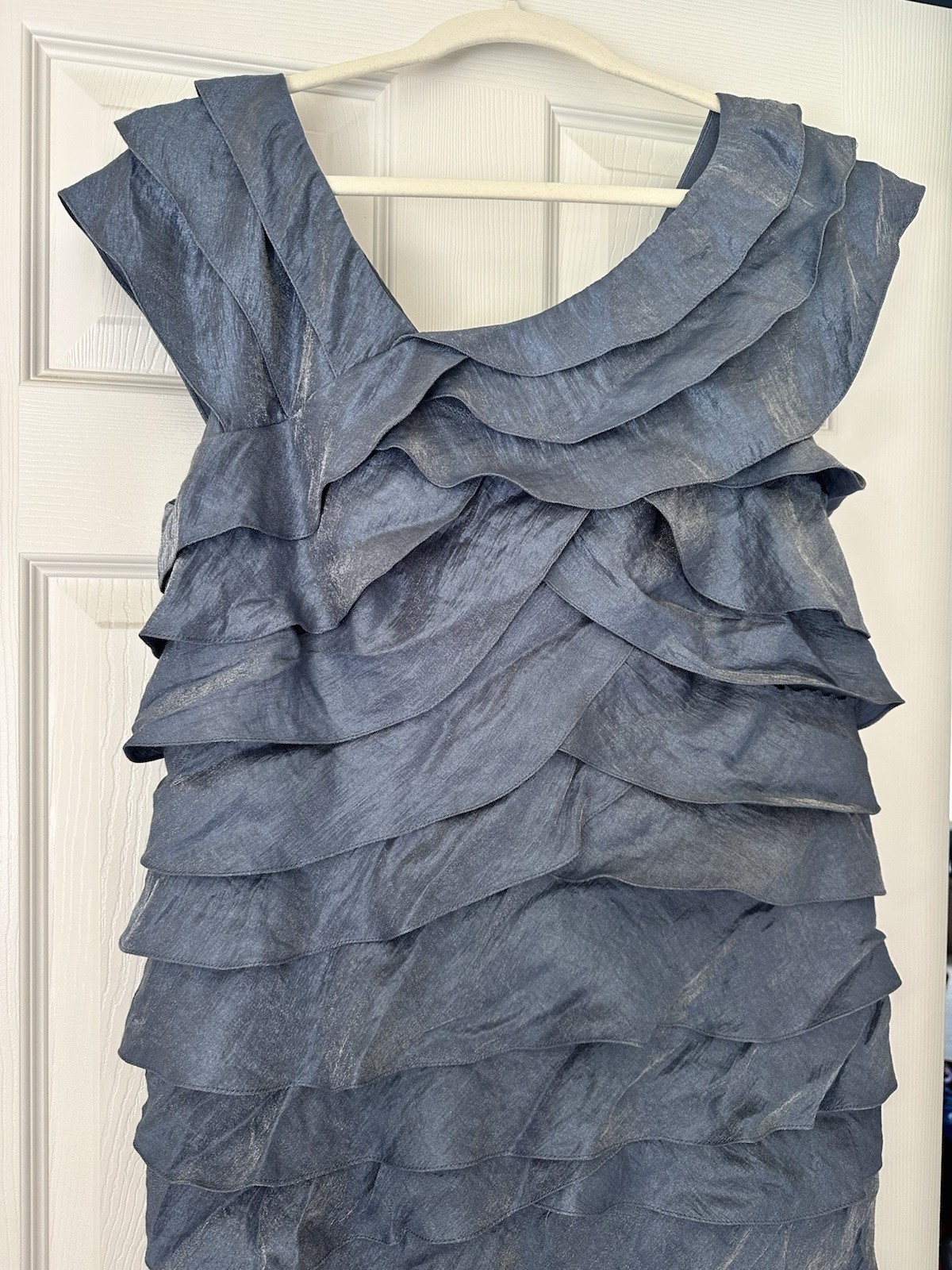 Adrianna Papell Sheath V-Neck Sleeveless Ruffle Lined Blue Knee Dress 14W