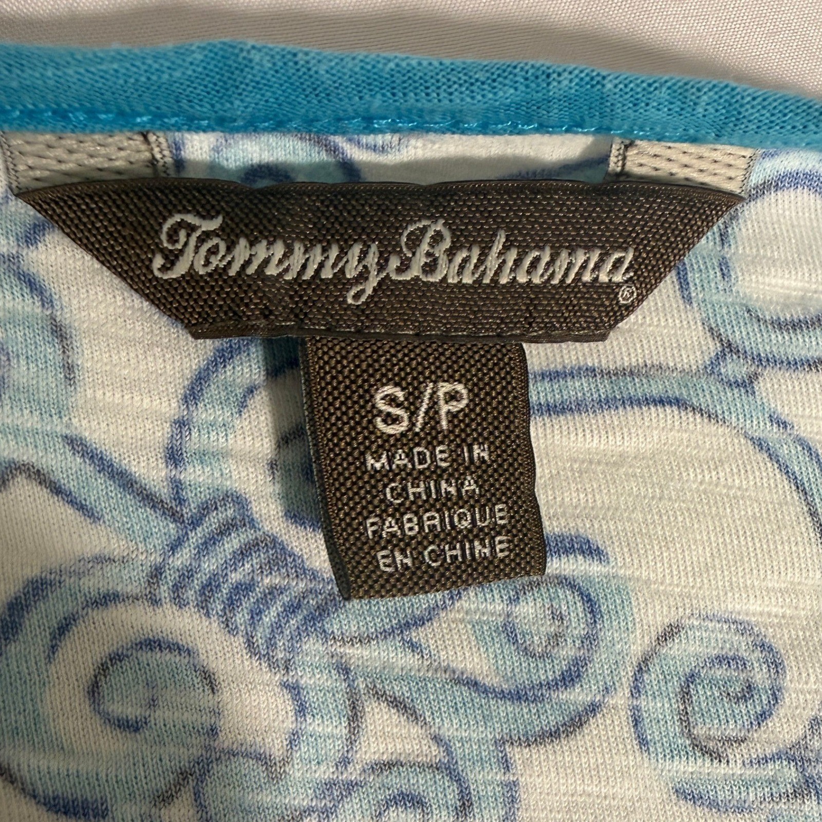 Tommy Bahama Womens Small Turquoise White Scroll Print Slub Knit Shift Dress
