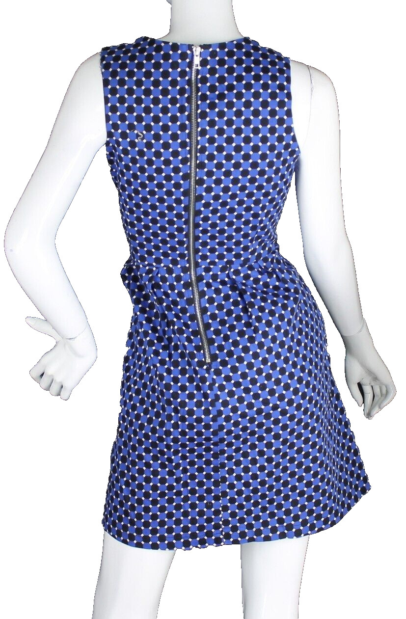 {LOUCHE} Dress Tea Flare Blue Black Beige Pattern Cotton Stretch Zip Summer ~12