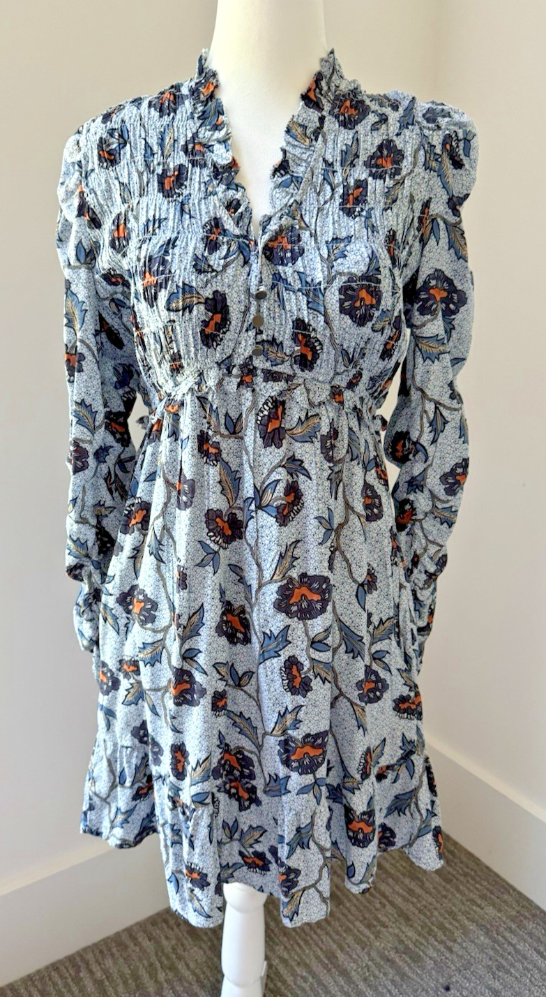 Anthropologie V-Neck Ruffle Mini Dress Smocked Floral 3/4 Sleeve M
