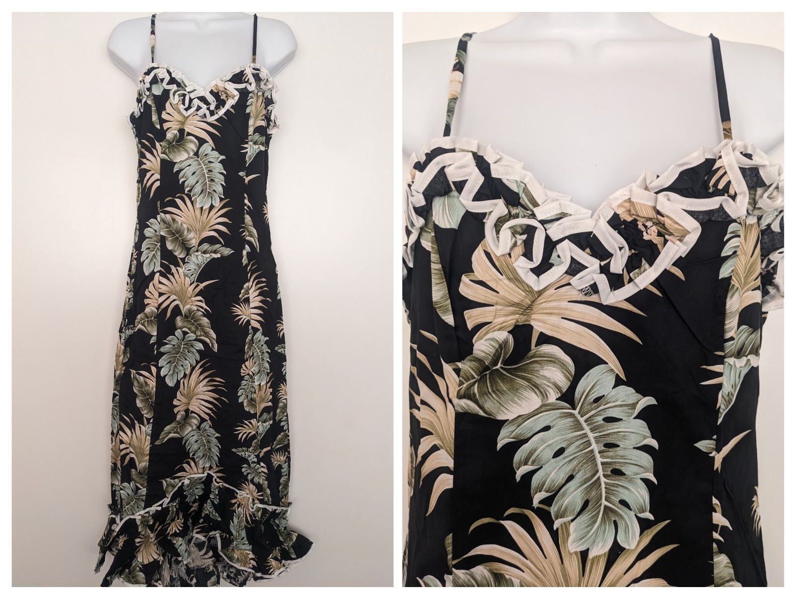 New Ky’s Hawaii Maxi Hawaiian Ruffle Dress Black Leaves floral spaghetti strap