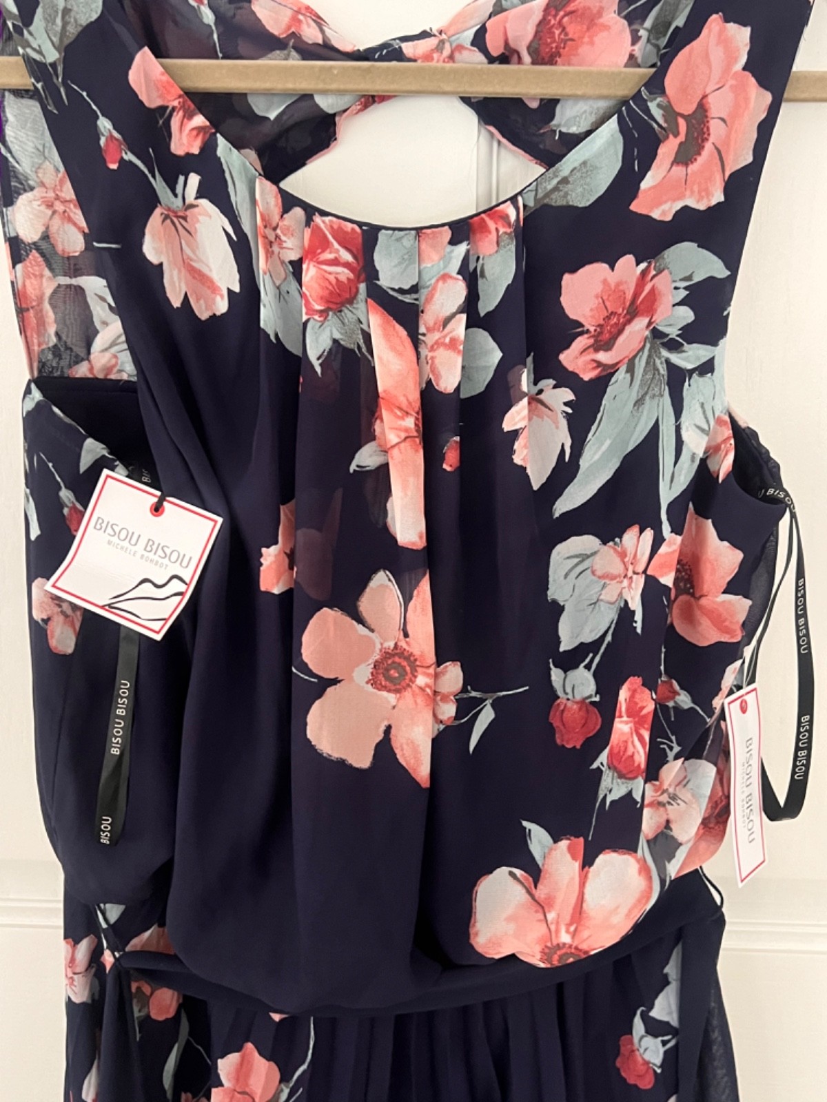 & NWT! Bisou Bisou Michelle Bohbot Size 14 Long Dress Maxi Navy Rose Aqua Floral