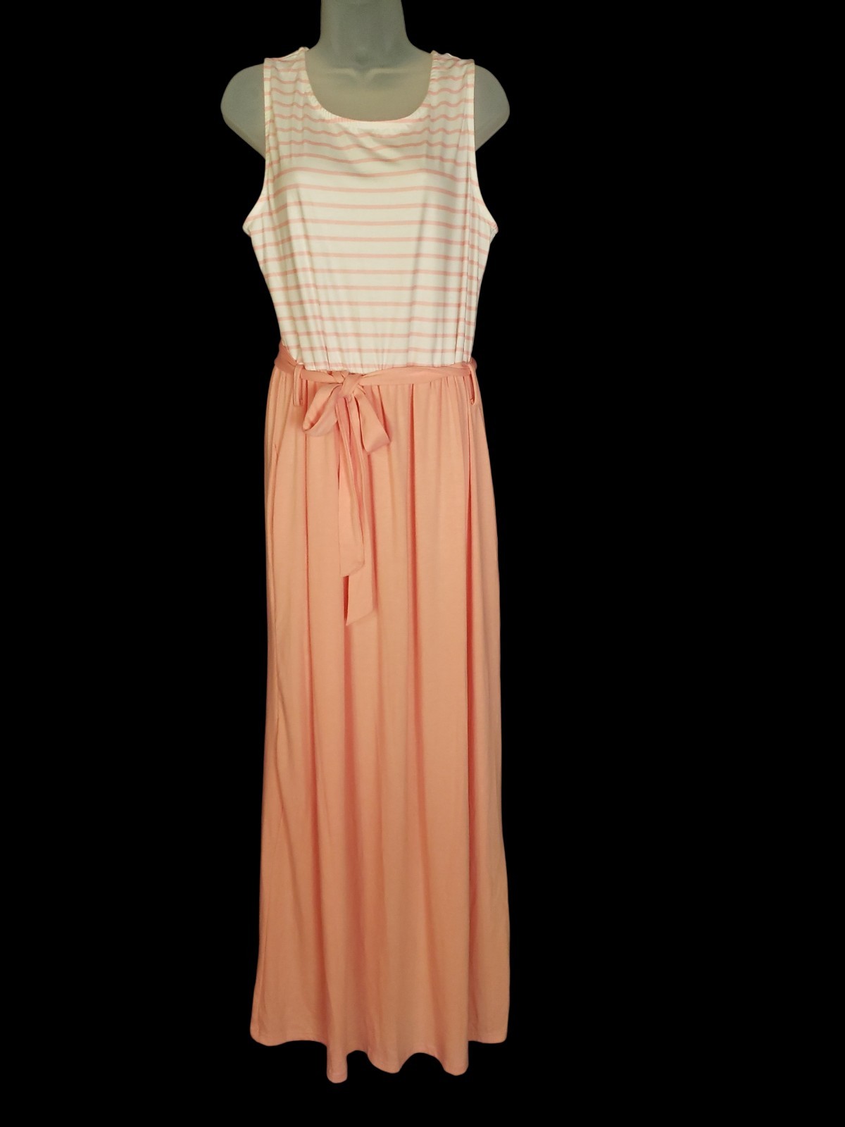 Merokeety Women’s Maxi Dress XL Peach Pink White Striped Tie Waist Scoop Neck