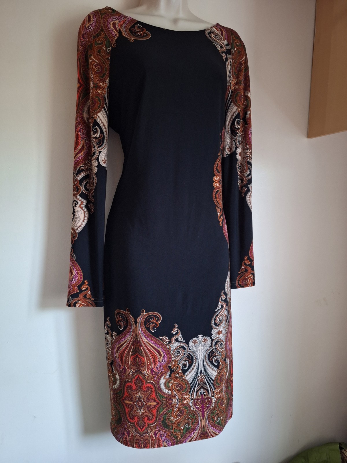 Joseph Ribkoff Paisley Print Black Orange Purple Sheath Dress UK 14 EU 42 USA 10