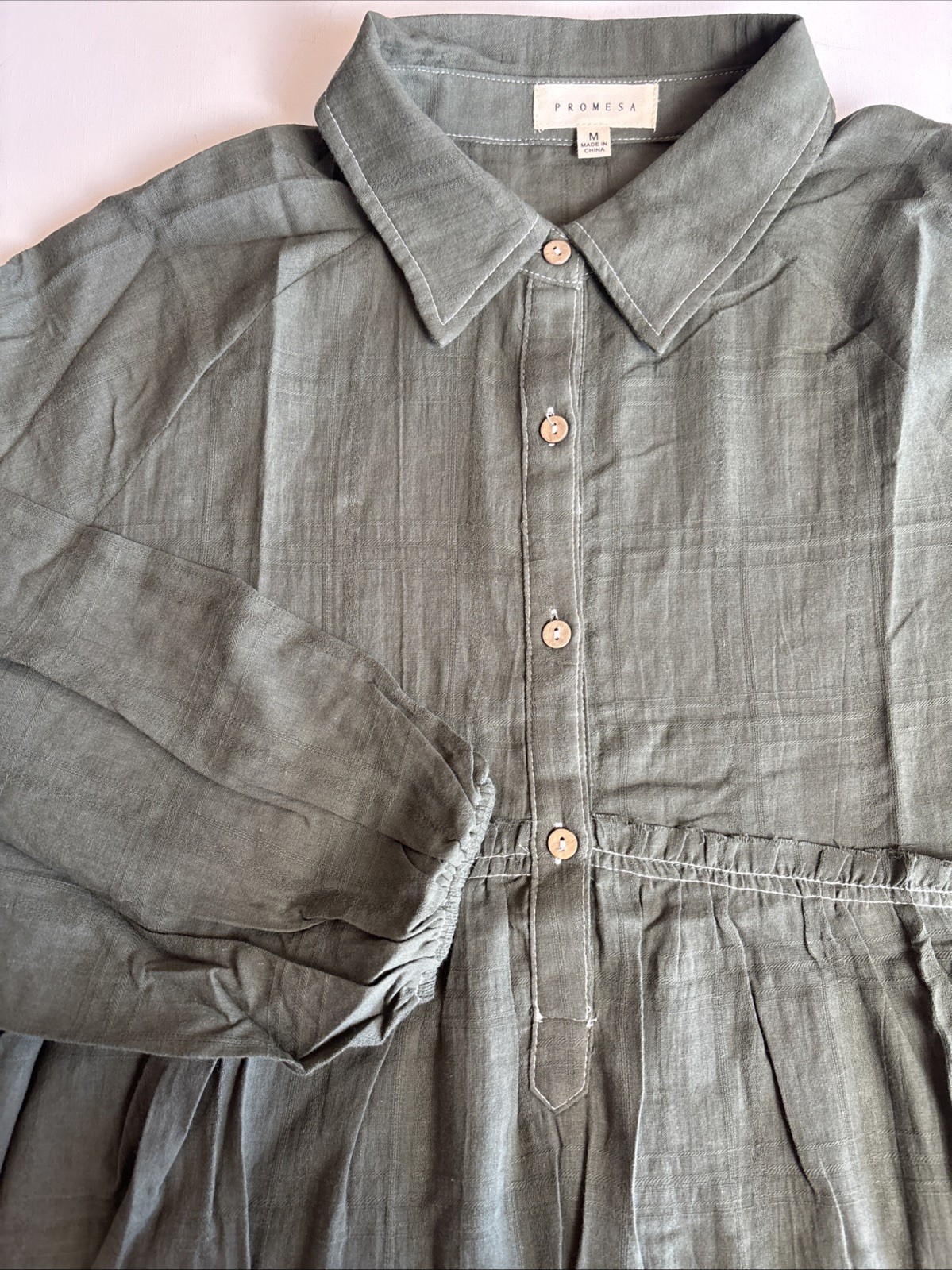 Promesa Olive Green Tiered Babydoll Mini Dress Long Sleeve Contrast Stitch M