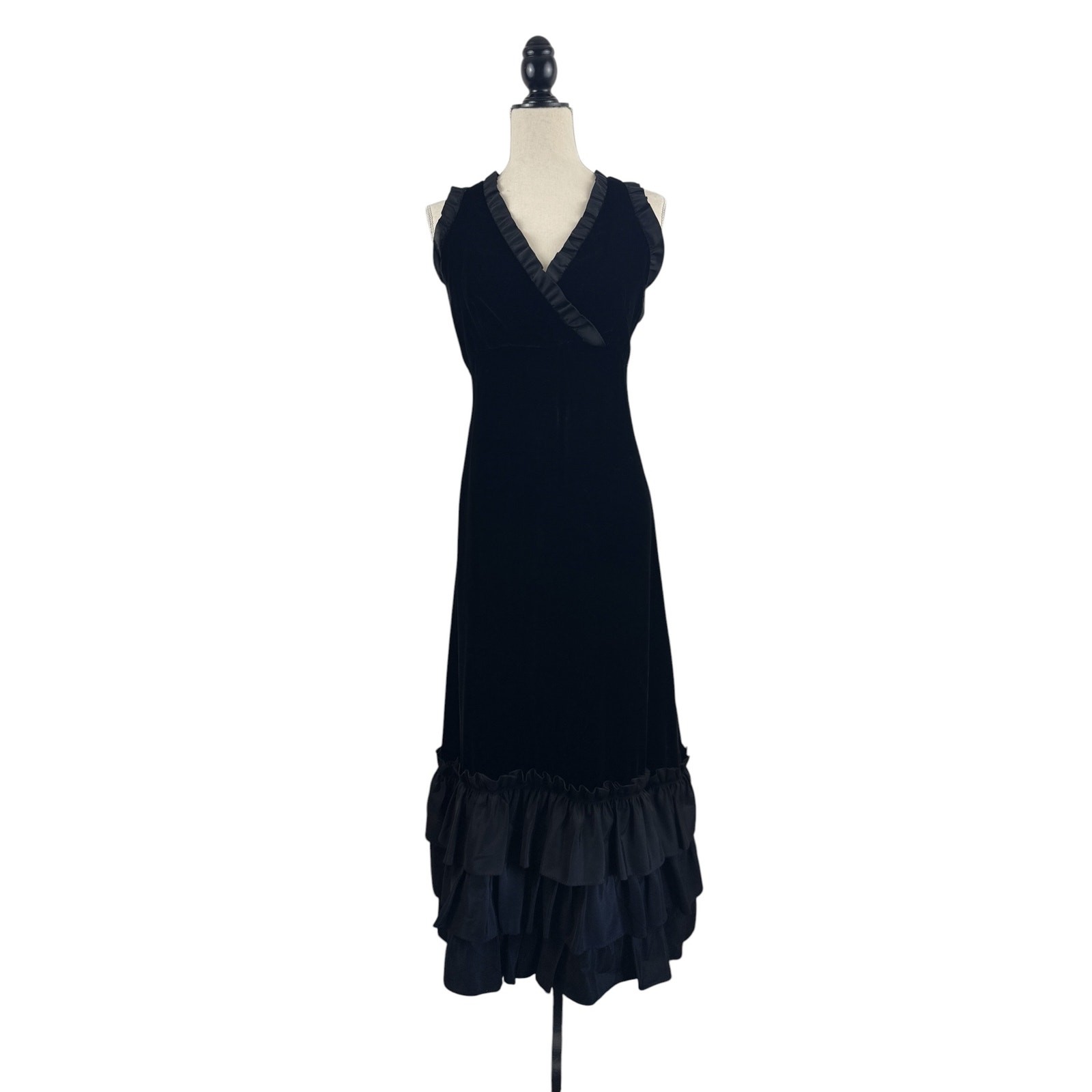 VTG Romantic Victor Costa Black Velvet Ruffle Maxi Dress Goth Dark Witch