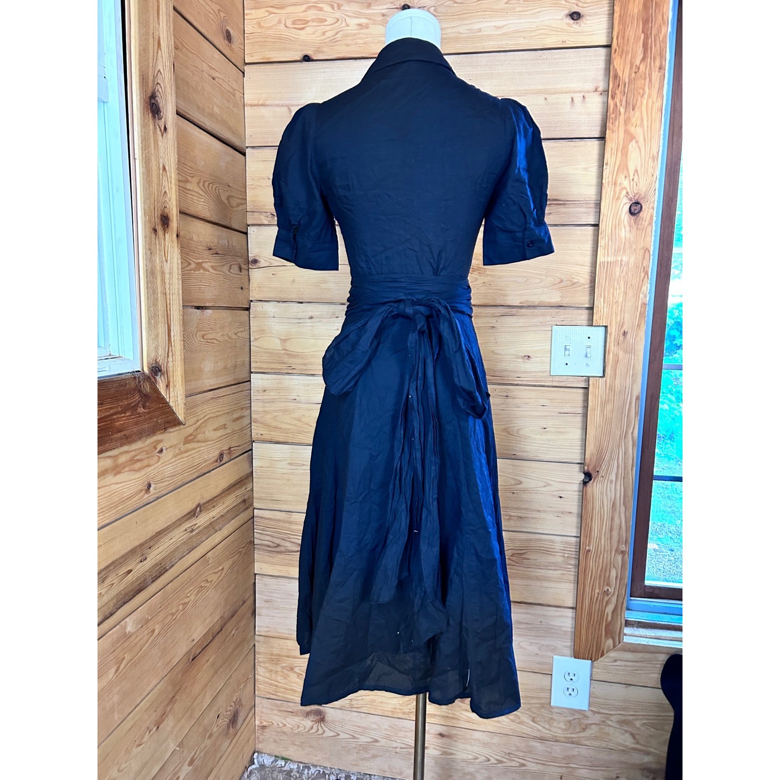 Vintage Wrap Midi Dress Womens Small Black Cotton Puff Sleeve Feline Cotage Trad