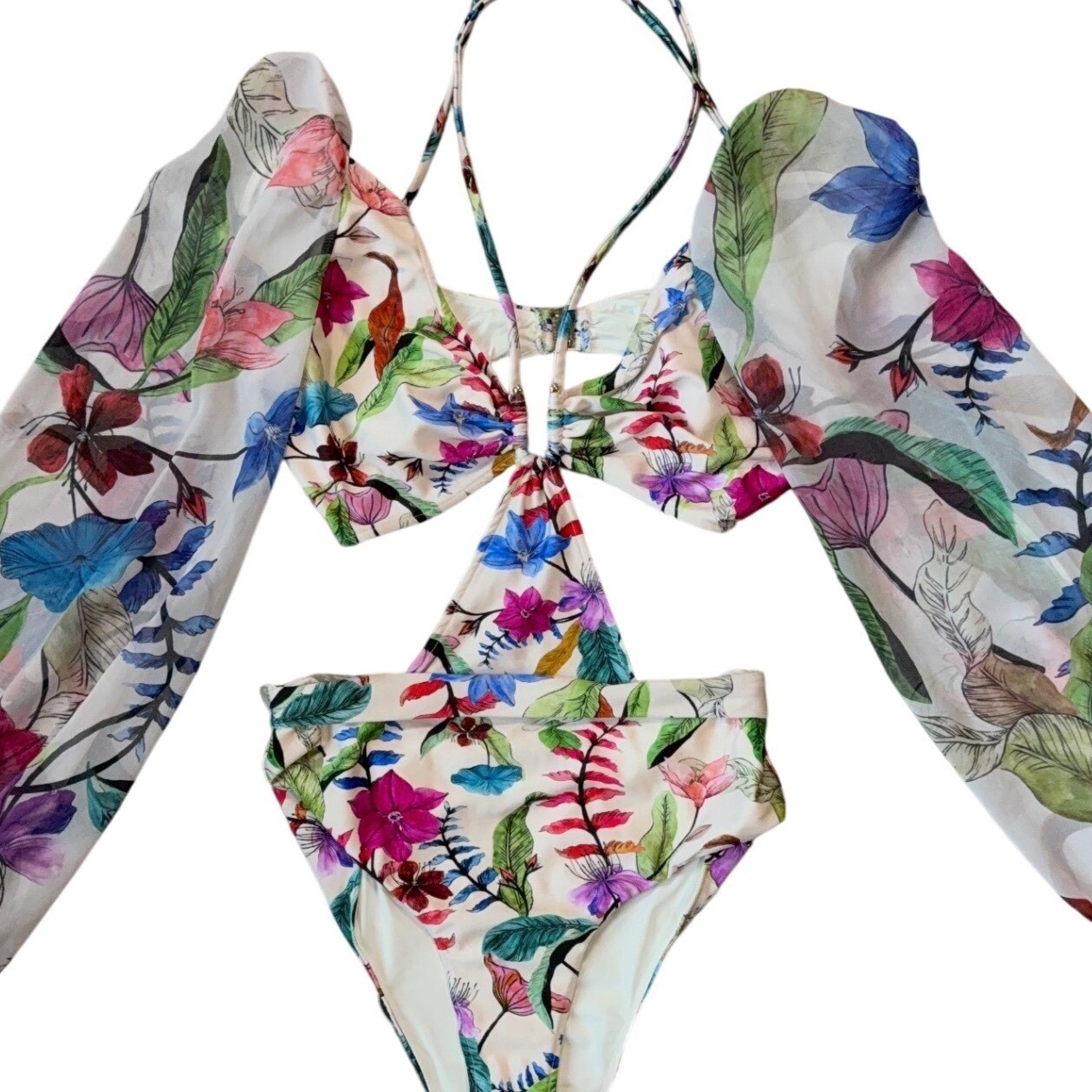 PatBO Zamia Floral Cut Out Bodysuit & Fringe Pareo Skirt Set US L/6 Beach Dress