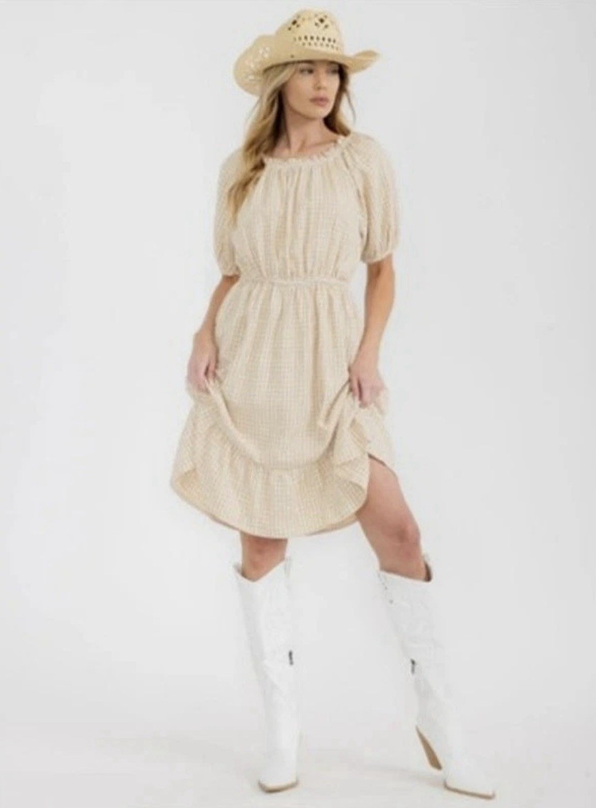 Calista Boho Med Women’s Dress Plaid Midi Elastic Waist Pockets Taupe And White