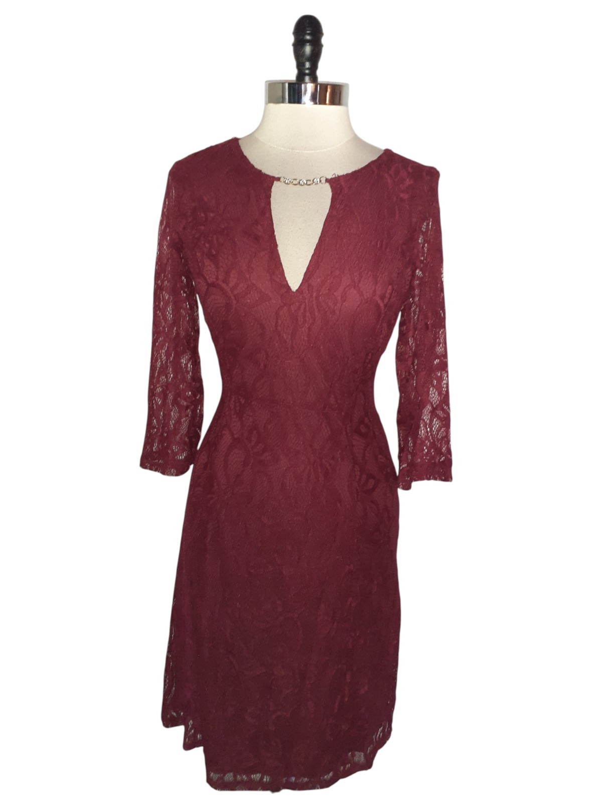 EN FOCUS STUDIO Size 12 A-Line Dress Wine Red Lace 3/4 Sleeve Knee Length